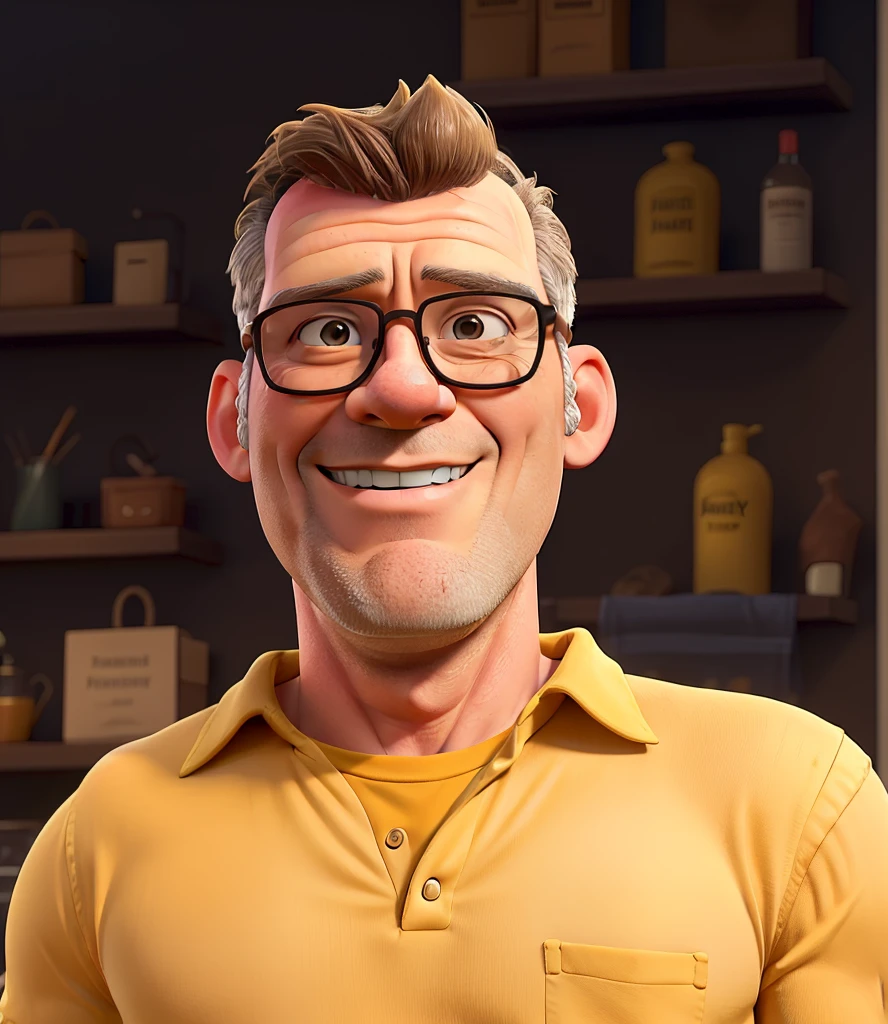 there is a man with glasses and a yellow shirt posing for a picture, bruce willis, pierce brosnan
