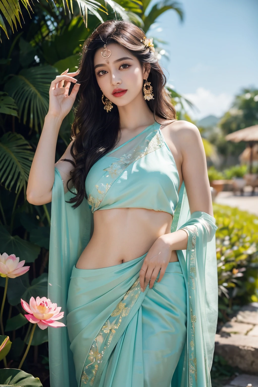 a girl,wearing an elegant 100% transparent saree,curly long hair,deep black eyes,shiny red lips,brown skin,lotus flower in her hair,bindi on forehead,palms decorated with henna,in a blooming garden,bright colorful flowers,green grass,blue sky,sunshine falling on her,peaceful and serene expression,subtle smile on her face,fingers delicately touching flower petals,body language full of grace and elegance, scenic beauty,painting as medium,detailed and vivid,high-resolution image,photorealistic rendering,vibrant colors,soft and warm lighting, her boobs exposed, pussy, and clitoric can be seen