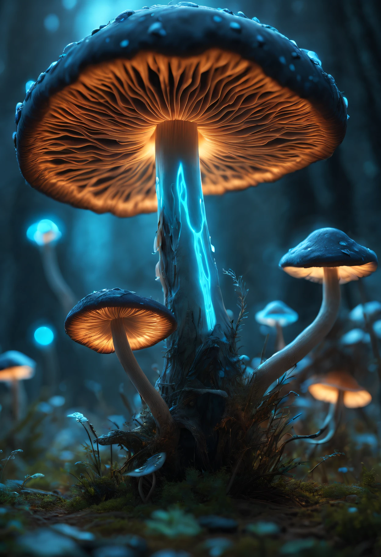 (Extremely detailed CG octane rendered 8K wallpaper), most beautiful artwork in the world, bioluminescent mushrooms , Full dynamic color, iintricate, high detal, Focus sharp, theatrical, Realistic Paintings art