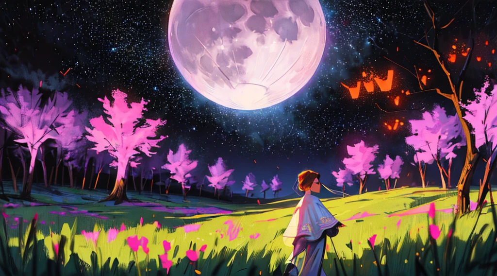 expansive landscape photography, (a bottom view showing the sky above and open country below), a girl standing in a field of flowers looking up, (full moon: 1.2), (shooting stars: 0.9), (nebula : 1.3), distant mountain, BREAK tree production art, (warm light source: 1.2), (Firefly: 1.2), lamp, lots of purple and orange, intricate details, volumetric lighting, BREAK realism (masterpiece: 1.2) , (best quality), 4k, ultra-detailed, (dynamic compositing: 1.4), highly detailed, colorful details, (iridescent colors: 1.2), (bright lighting, atmospheric lighting), dreamy, magical, (solo: 1.2)