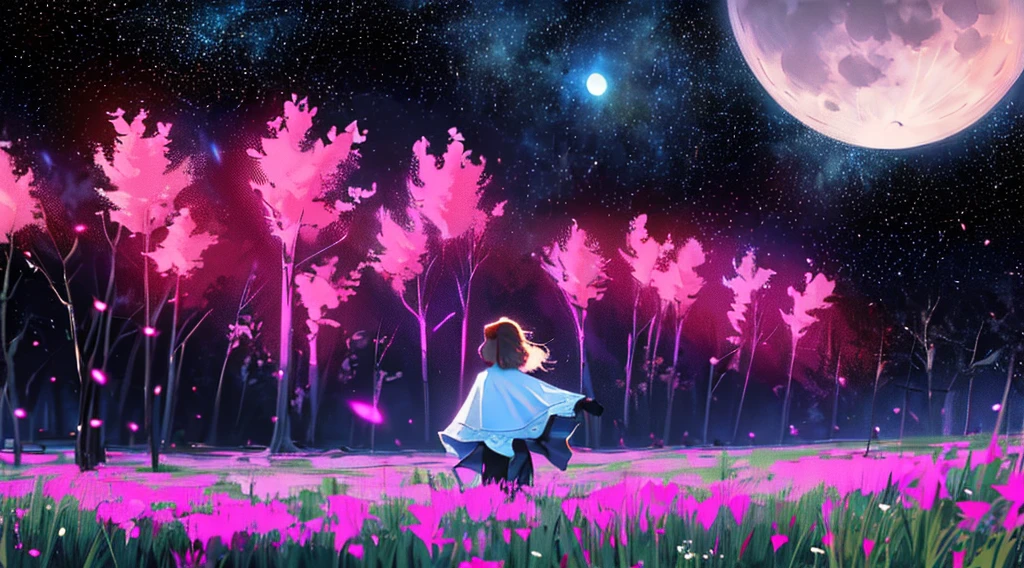 expansive landscape photography, (a bottom view showing the sky above and open country below), a girl standing in a field of flowers looking up, (full moon: 1.2), (shooting stars: 0.9), (nebula : 1.3), distant mountain, BREAK tree production art, (warm light source: 1.2), (Firefly: 1.2), lamp, lots of purple and orange, intricate details, volumetric lighting, BREAK realism (masterpiece: 1.2) , (best quality), 4k, ultra-detailed, (dynamic compositing: 1.4), highly detailed, colorful details, (iridescent colors: 1.2), (bright lighting, atmospheric lighting), dreamy, magical, (solo: 1.2)