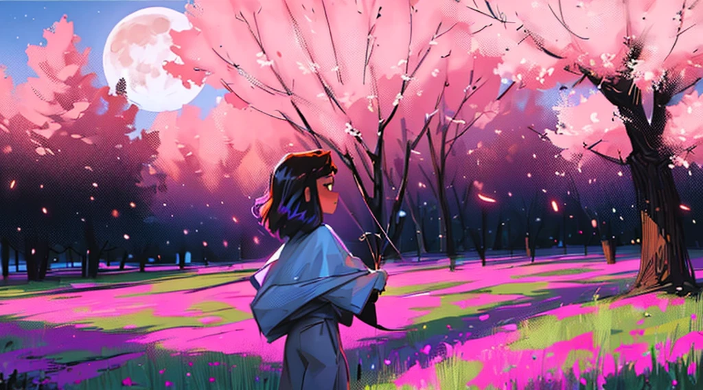 expansive landscape photography, (a bottom view showing the sky above and open country below), a girl standing in a field of flowers looking up, (full moon: 1.2), (shooting stars: 0.9), (nebula : 1.3), distant mountain, BREAK tree production art, (warm light source: 1.2), (Firefly: 1.2), lamp, lots of purple and orange, intricate details, volumetric lighting, BREAK realism (masterpiece: 1.2) , (best quality), 4k, ultra-detailed, (dynamic compositing: 1.4), highly detailed, colorful details, (iridescent colors: 1.2), (bright lighting, atmospheric lighting), dreamy, magical, (solo: 1.2)