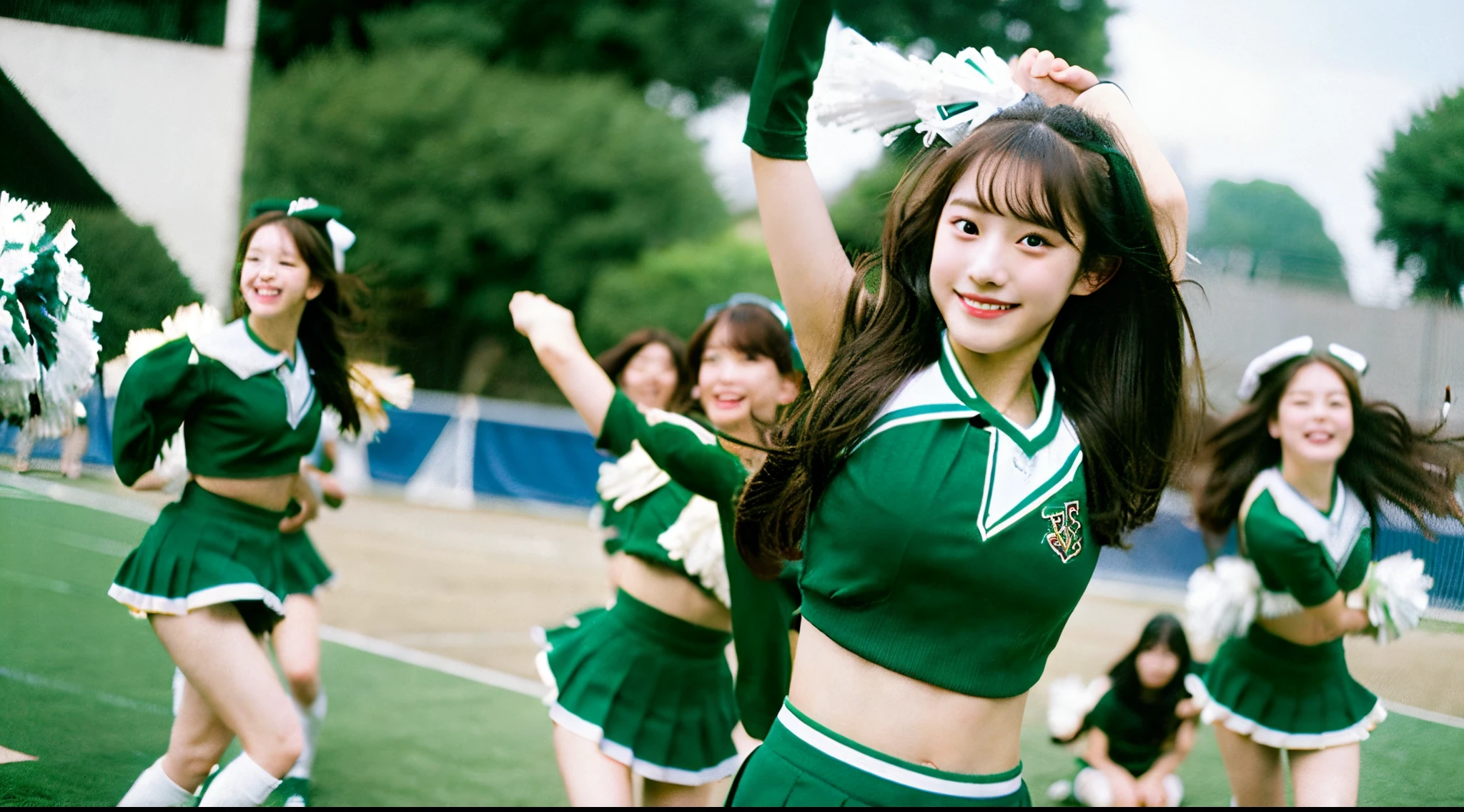 Cute cheerleader 18 years old in green miniskirt