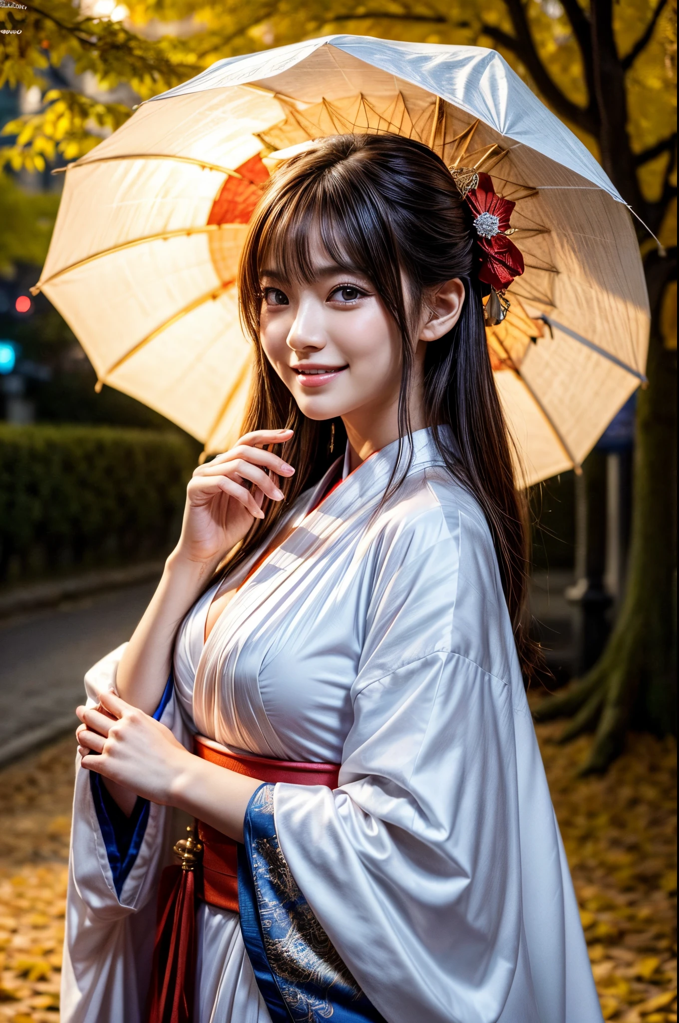 (masutepiece:1.3, Photorealsitic:1.4, 8K), top-quality, masterpiece, 超A high resolution, Professional camera work, Grow Light Effect, Realistic portrait, Cinematic Light, Highly detailed skin and facial texture:1.3, The ultra-detailliert, A detailed eye, Detailed limbs, autumn night, Precincts of the shrine:1.2, Autumn foliage scenery:1.2, 1girl in, Cute sexy 22 year old slim woman, Fair skin, ((Natural smile:0.9, Totally captivates you:1.0)), (Backshots, Calm pose), ((accurate shrine maiden costume)), ((voluptuous breasts:0.9)), (Beautiful blue eyes, Eyes that feel beautiful eros:0.85), Sexy face:0.4, (A mouthfeel that feels beautiful eros:0.85), ((Too cute beauty:0.9))
