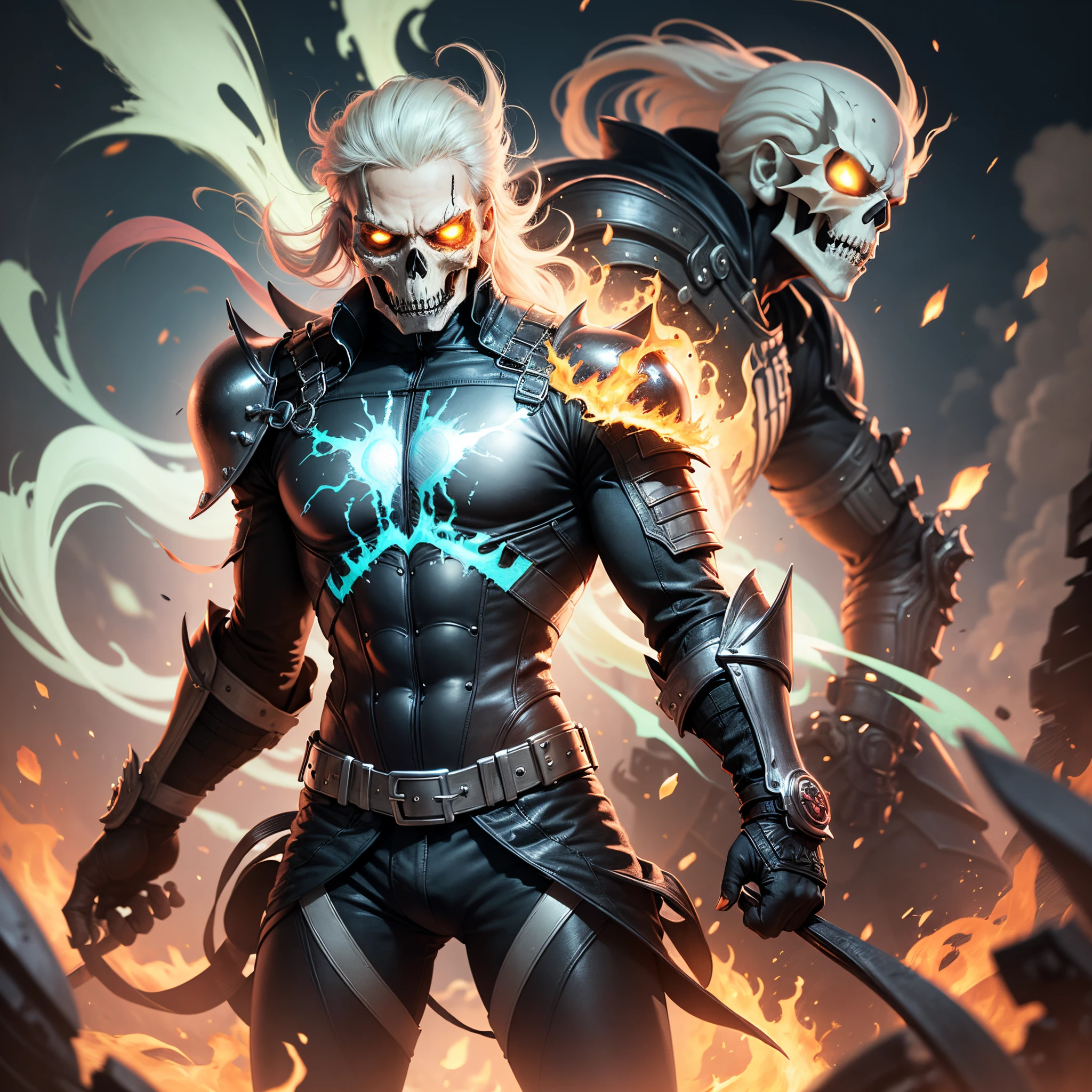 anime, Ghost rider with a scull for a face riding a horse with a flaming chain in his hand, horse eyes has flames , horse nostrils has smoke , 4k fantasy art, epic fantasy digital art style, fantasy card game art, artgerm and atey ghailan, epic fantasy style art, epic fantasy card game art, 2. 5 d cgi anime fantasy artwork, epic fantasy art style, epic fantasy art style hd, scary ghost rider cowboy