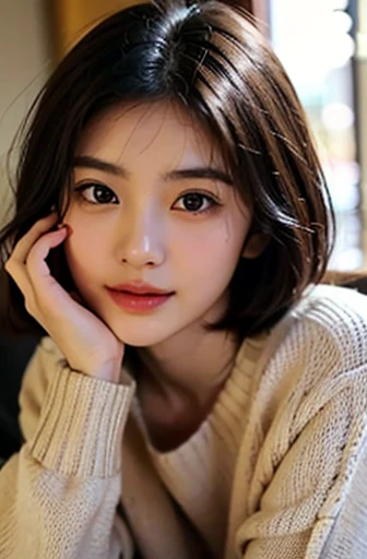 a close up of a woman with a sweater on posing for a picture, Zhongyuan Universe, 奈良美智, model in Japan, Beautiful Asian Girls, short detailed hair, 2 4 year old female model, 4K ], 4K], 2 7 years old, sakimicchan, sakimi chan