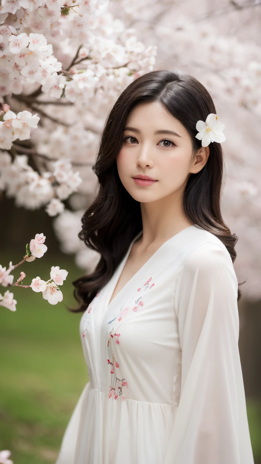 (A logo、masterpiece、8K、masutepiece、Raw photo、Fantastic、Best Quality、Photorealistic、extremely detailed CG unified 8k wallpaper、hightquality、ighly detailed、epic poem、Particle effect、Dynamic effects、depth of fields、Cinematic Light、Lens Flare、Ray tracing)、Fantasia、 (Beauty 1 person、White Japanese Clothing、Japanese dress、White cherry blossom pattern、White cherry blossom embroidery pattern、A dark-haired、Beautiful face、Real Face、Beautiful detail eyes、Beautiful skin)、Hair flutters in the wind、Hair jumps、Pink cherry blossom tree、Petals flutter、Sakura blizzard、Superb view、morning glow、Sun in the background、the wind、Deities、tusk、myth、Vast Land、