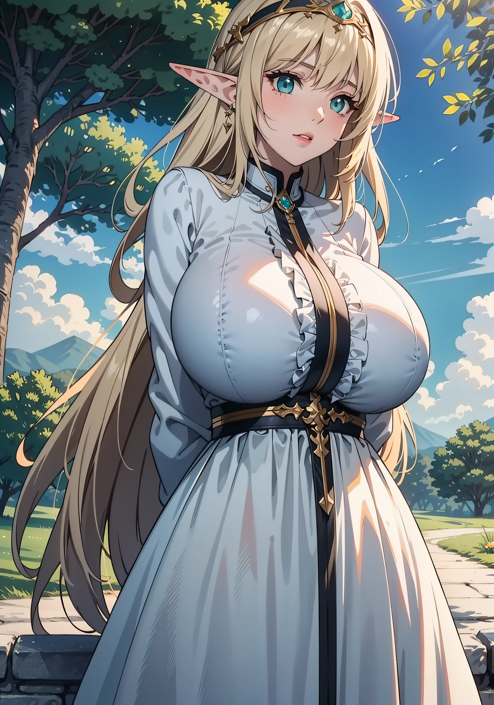 extreme quality, cg, detailed face+eyes, (bright colors), (anime), 1woman, Milf, impact, (Voluptuous:1.3), goddess, time stop, fantasy, (Elf), (gigantic breast:1.5), pointed ears, beautiful jewels, clouds, long curly ash blonde hair, (soft headband), masterpiece, top tier, extravagant, 8k, unity wallpaper, unreal engine 5, ray tracing, 8k, cinematic, varied depth of field, octane render, elegant, tone mapping, hyper focus, parted lips, arms behind back, dappled sunlight, (spring), nature, white sun dress, upper body photo, (morning glow), Curvaceous, (mint green eyes), horizon, picturesque scenery, deep cleavage, trees, looking at viewer, (forest),