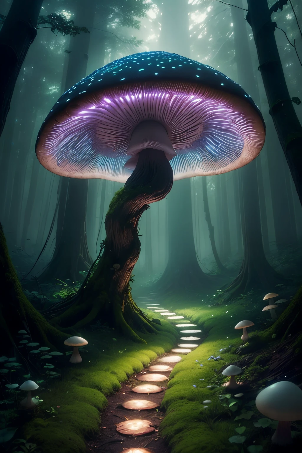 (mushrooms:1.2),(forest,woods,trees),(night scene:1.1),(glowing:1.1),(bioluminescent:1.1),(mysterious),(enchanted),(magical),(ethereal),(luminescent),(deep, dense),(green hue),(soft lighting),(mystical atmosphere),(fairy tale),(whimsical),(dreamlike),(hidden treasures),(moss-covered),(glowing spores),(soft glow),(twinkling lights:1.1),(gentle glow),(mysterious shadows),(mythical),(enchanting),(peaceful),(tranquil),(nighttime beauty),(lush foliage),(mysterious creatures:1.1),(glowing pathway),(mystic),(ethereal glow),(serene),(alluring),(glowing forest floor),(soft mist),(captivating),(magical mushrooms)