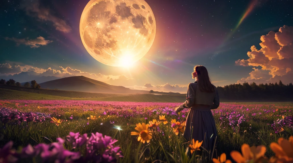 expansive landscape photography, (a bottom view showing the sky above and open country below), a girl standing in a field of flowers looking up, (full moon: 1.2), (shooting stars: 0.9), (nebula : 1.3), distant mountain, BREAK tree production art, (warm light source: 1.2), (Firefly: 1.2), lamp, lots of purple and orange, intricate details, volumetric lighting, BREAK realism (masterpiece: 1.2) , (best quality), 4k, ultra-detailed, (dynamic compositing: 1.4), highly detailed, colorful details, (iridescent colors: 1.2), (bright lighting, atmospheric lighting), dreamy, magical, (solo: 1.2)