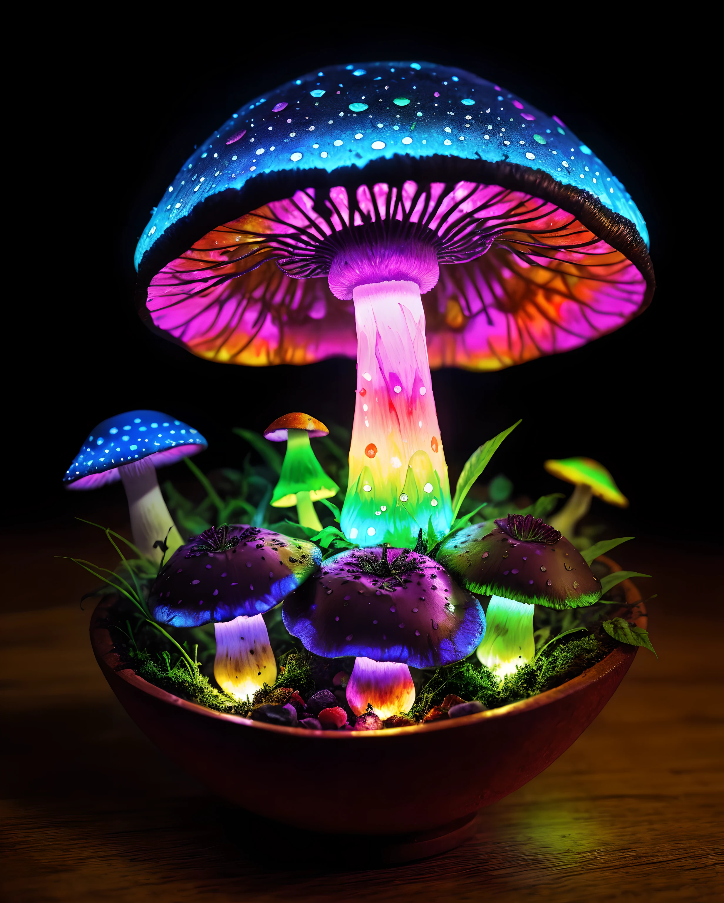 (absurdres, highres, ultra detailed), (Masterpiece),bioluminescent mushroom, 2 tomatoes