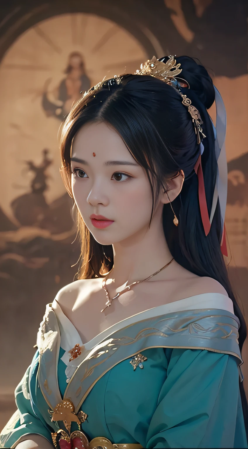 (elegant colors,Immortal light fills the air)Dunhuang flight action，(1 plump girl)Long messy hair,(dynamic angle,Dunhuang mural background,Divine Thunder)Super refined,super-detailed CG, (tmasterpiece,ultra - detailed,Best quality at best)Feel the texture of the movie，(astounding)Combined with Dutch light and dark lighting，(Excellent light and dark contrast)The splendor and sophistication of God’s colorful rays，This is the focus of this work。