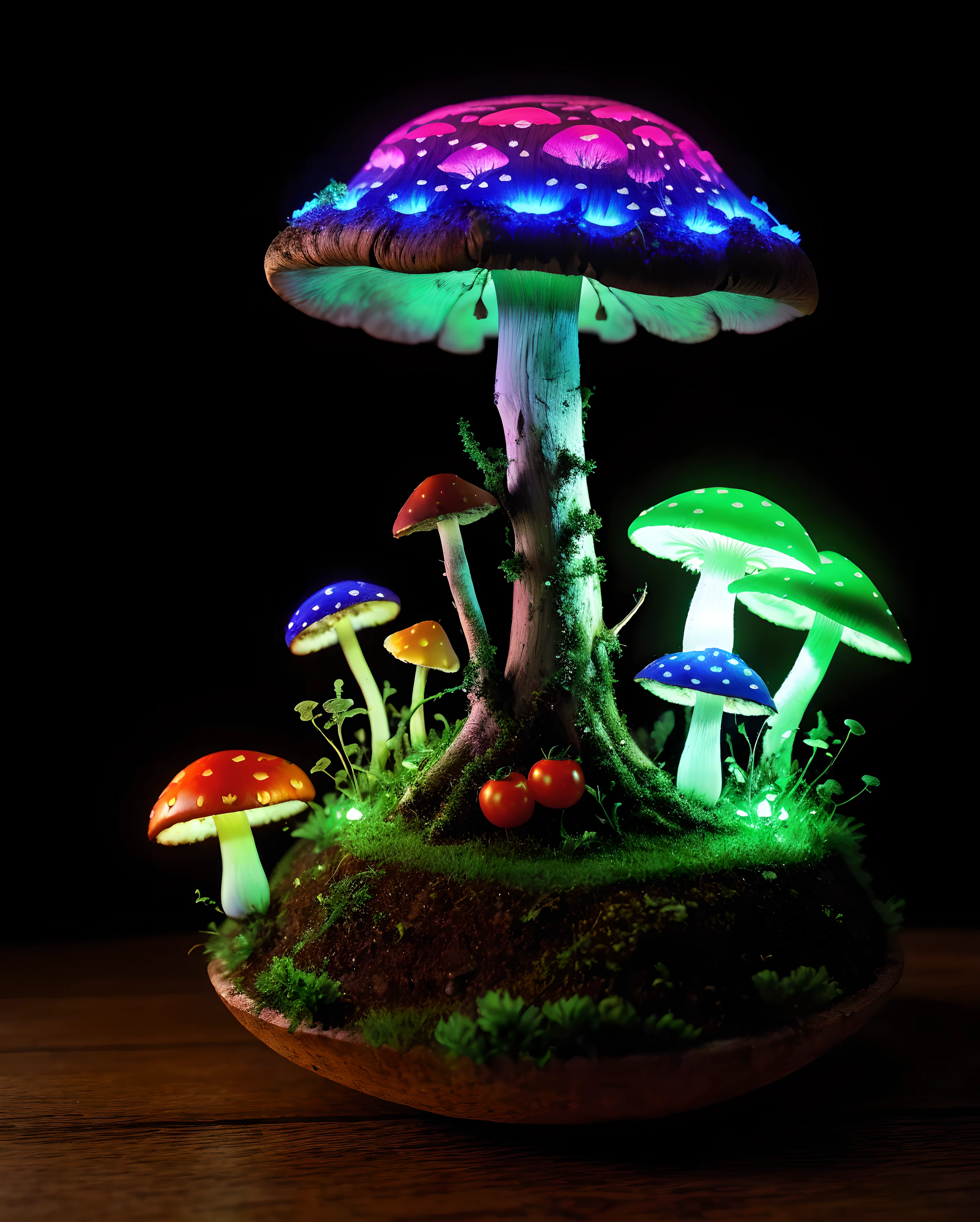 (absurdres, highres, ultra detailed), (Masterpiece),bioluminescent mushroom, 2 tomatoes