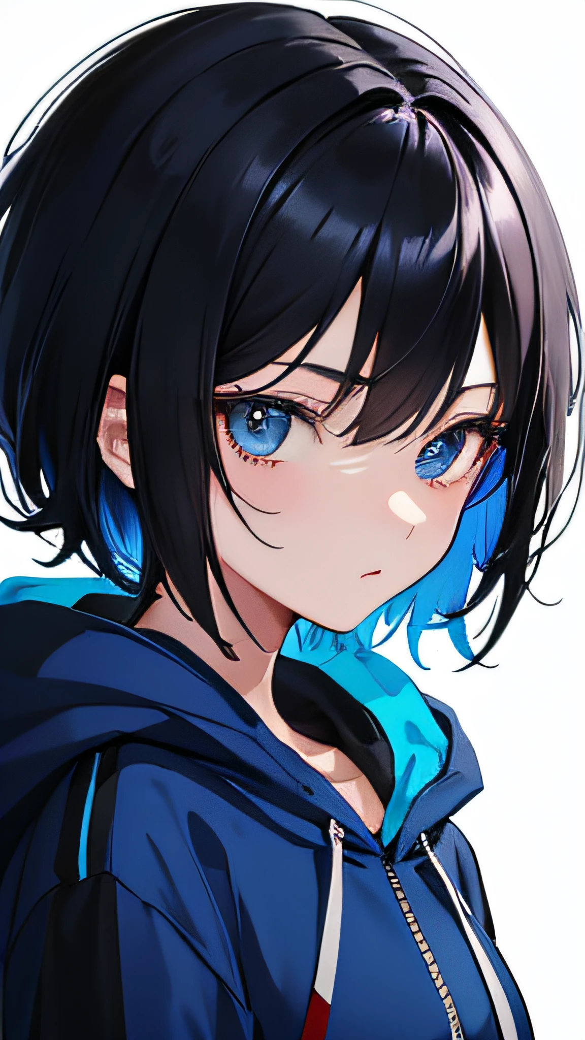 Anime girl with blue eyes and black hair wearing a blue jacket - SeaArt AI