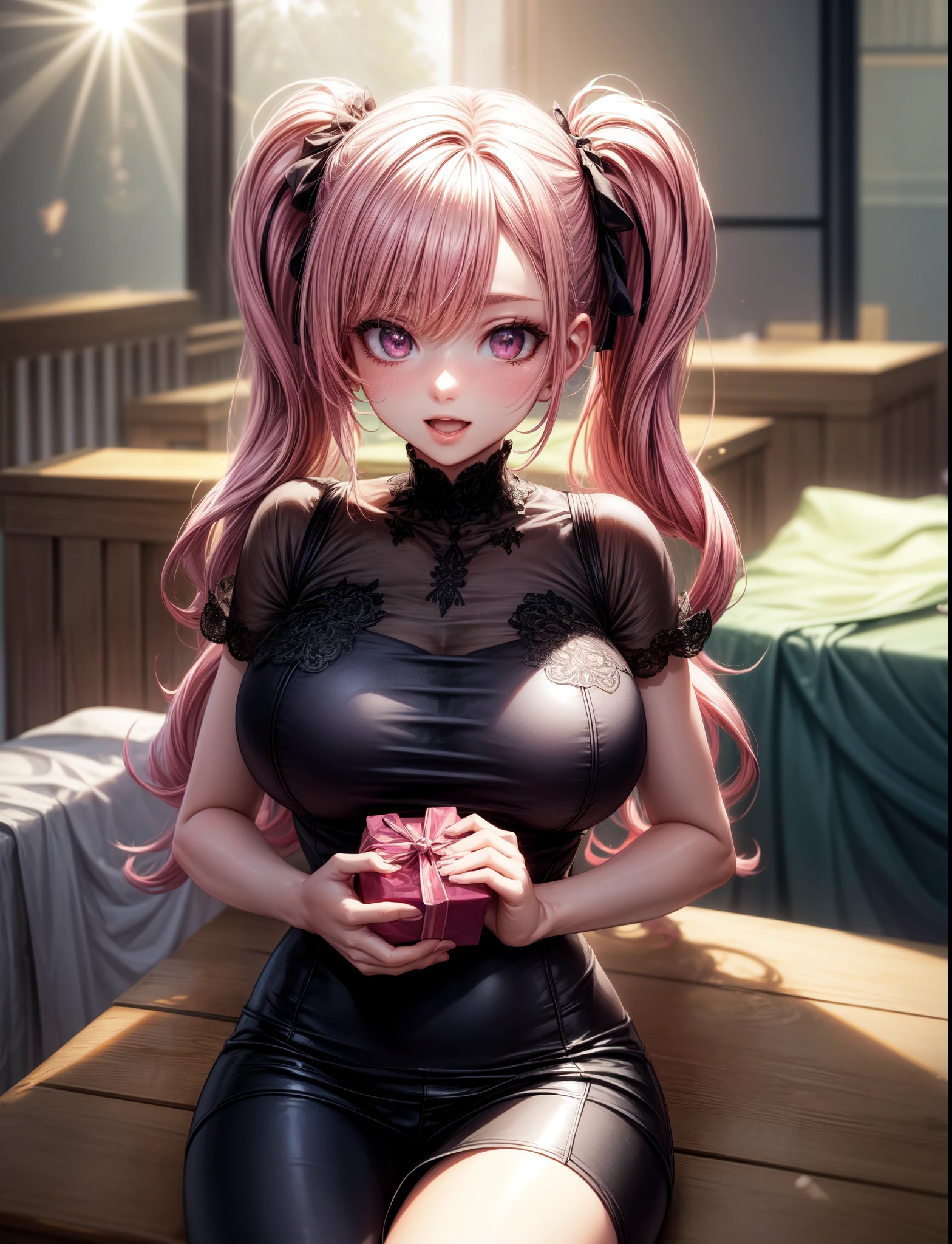 4k,  ,Lens flare, pink hair ,mascara, god rays, 4k, 8k, best quality, masterpiece, hyper detailed, intricate detail, 1 girl,  detailed, Detailed fuchsia hair ++, detailed pink eyes ++,  raytracing,  highres, enhanced eyes,  huge breasts,  ,  hyper detailed, hot girl, its her birthday, shes excited, birthday, twin tails, opening a birthday gift, theres a birthday gift in the background