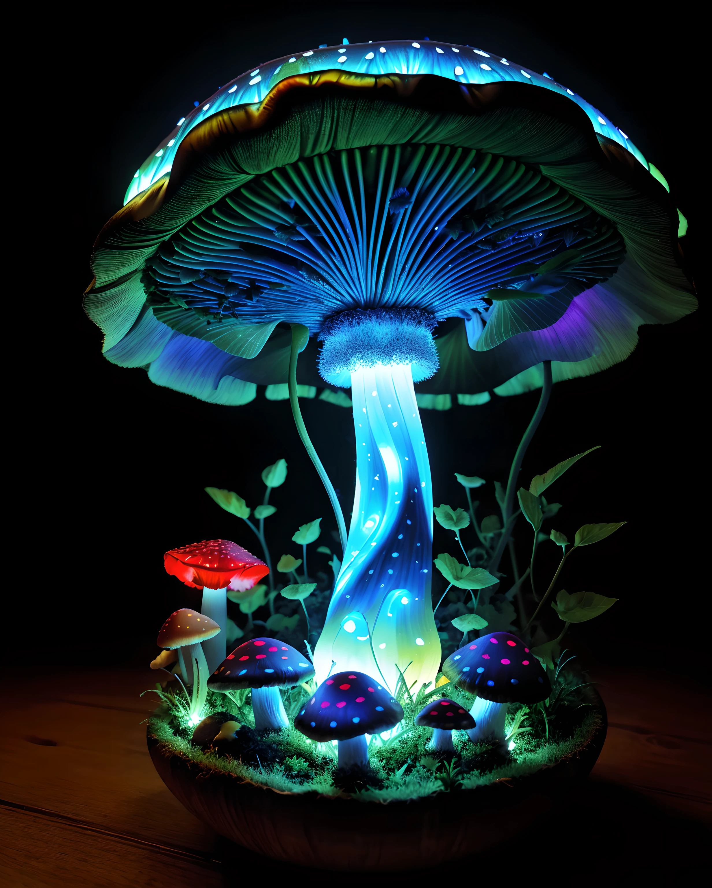 (absurdres, highres, ultra detailed), (Masterpiece),bioluminescent mushroom, 2 tomatoes