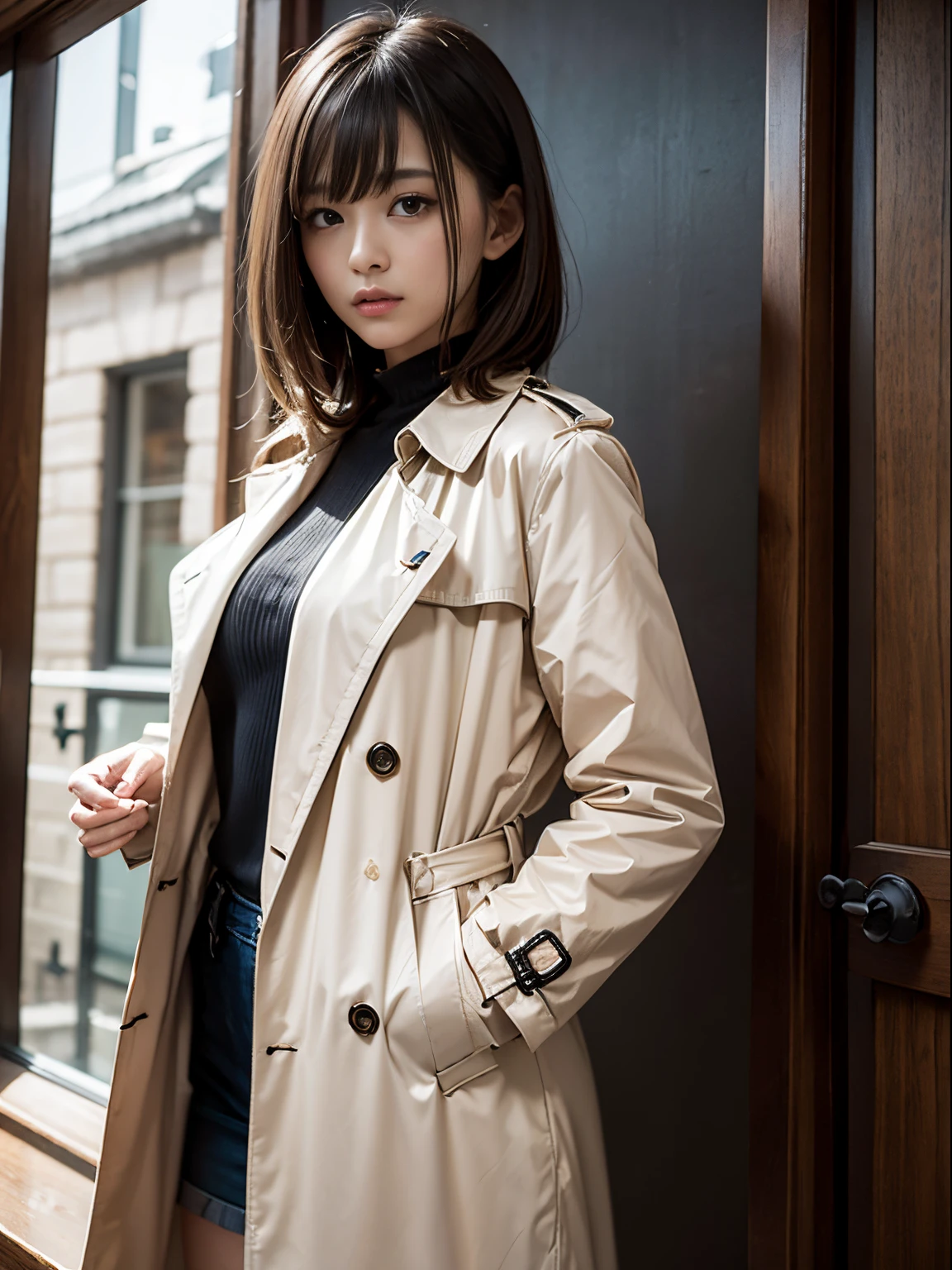 ​masterpiece、ultra-detailliert、8K、Awesome、Semi-long with bangs、trench coat、natta