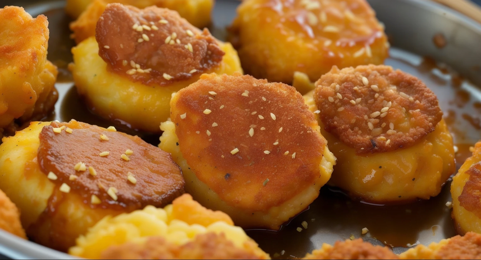 a close up of a pan filled with fried food on a stove, chicken nuggets, yummy, nugget and sausage on plate, luscious patty with sesame seeds, ground meat, ❤🔥🍄🌪, recipe, cheesy, highly intricate, 3 4 5 3 1, mouthwatering, nugget, ground red meat, cooked, 4 0 9 6, meat texture