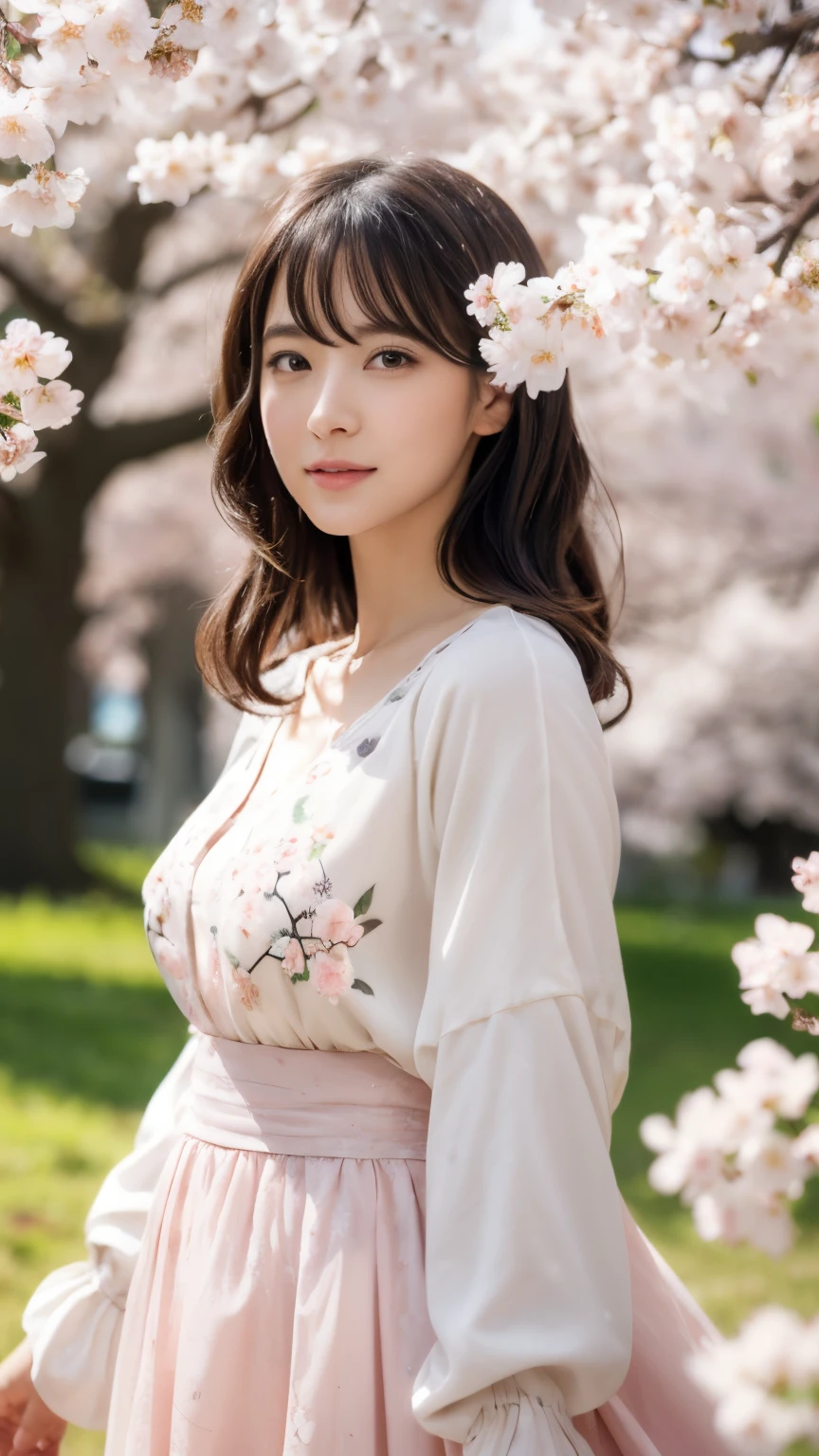 (A logo、masterpiece、8K、masutepiece、Raw photo、Fantastic、Best Quality、Photorealistic、extremely detailed CG unified 8k wallpaper、hightquality、ighly detailed、epic poem、Particle effect、Dynamic effects、depth of fields、Cinematic Light、Lens Flare、Ray tracing)、Fantasia、 (Beauty 1 person、White Japanese Clothing、Japanese dress、White cherry blossom pattern、White cherry blossom embroidery pattern、A dark-haired、Beautiful face、Real Face、Beautiful detail eyes、Beautiful skin)、Hair flutters in the wind、Hair jumps、Pink cherry blossom tree、Petals flutter、Sakura blizzard、Superb view、morning glow、Sun in the background、the wind、Deities、tusk、myth、Vast Land、