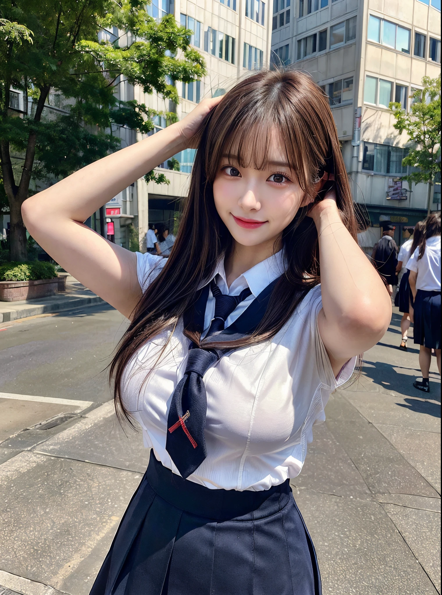 (8k, RAW photo, best quality, masterpiece:1.2), (realistic, photo-realistic:1.4), (extremely detailed 8k wallpaper),sharp focus,depth of field, blur background, bokeh, cinematic lighting,soft light, glossy lips, beautiful detailed eyes,shiny smooth light brown long bob hair, asymmetrical bangs, shiny skin, high resolution, high detailing, detailed hairstyle,detailed face,octane rendering, vibrant, hyper realistic, perfect limbs, perfect anatomy ,1 japanese girl,famous Japanese idol, perfect female body, large breasts,smile,long bob hair, (school uniform : 1.3), looking at viewer, (arms up, Crowded city streets:1.3),cowboy shot