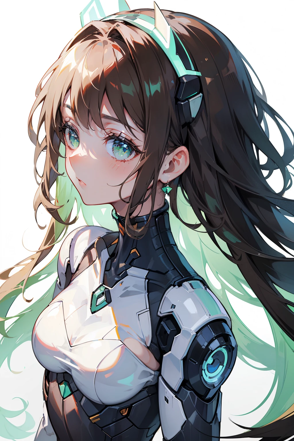 (masterpiece), best quality, ultra high res, sharp focus, nedium close-up, (white flat background:1.2), profile picture, a gorgeous humanoid female, robot skin, green eyes, brown brunette long hair tumbled down, curious face, looks down