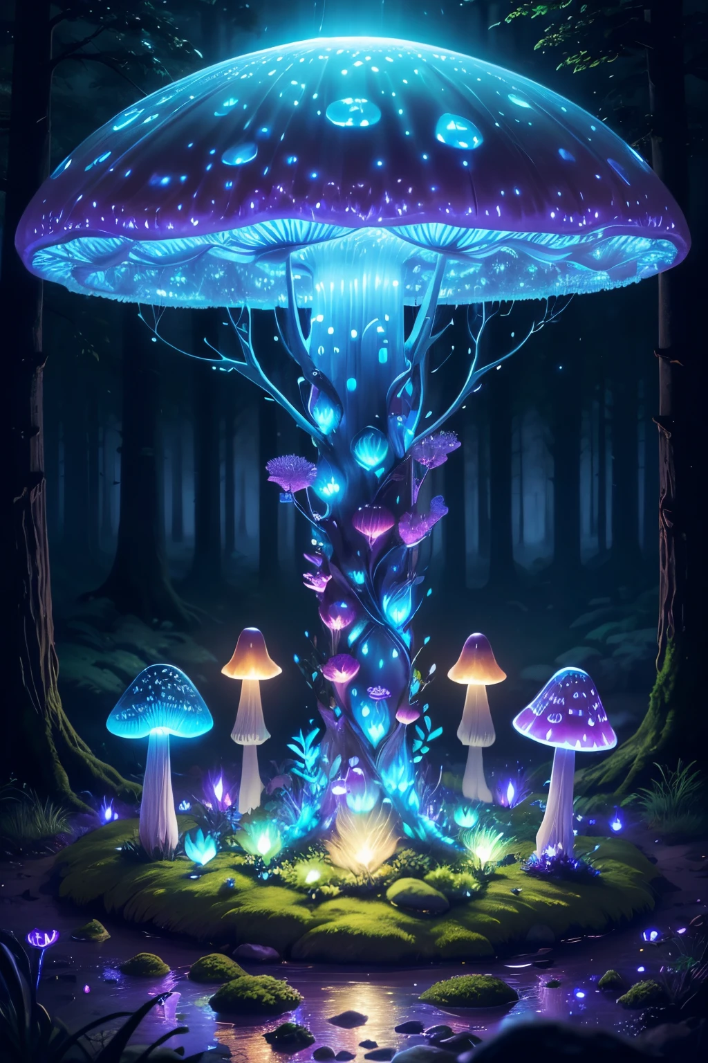 "(best quality,highres,ultra-detailed),Bioluminescent Mushroom,glowing mushrooms,enchanted forest,magical creatures,fairy tale,nature's wonder,ethereal beauty,mystical atmosphere,moonlit night,soft glow,luminescent colors,fantasy realm,magical realism,dreamlike ambiance,whimsical scene,mysterious glow,shimmering light,glimmering mushrooms,dark woods,enchanted glow,enchanted flora and fauna,illuminated undergrowth,softly lit,translucent mushrooms,bioluminescent fungi,glowing spores,bioluminescent forest,illuminated pathways,breathtaking sight,fantastical spectacle,luminous wonderland,otherworldly charm,mythical scene,glowing moss,divine radiance,spiraling patterns,bioluminescent artistry,magical luminescence,fairy lights,twinkling forest"