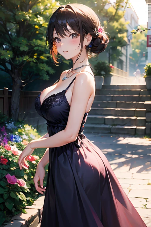 (masterpiece), ((top-quality)), (hight resolution), (extremely detailed CG unified 8k wallpaper), Photorealsitic, Vibrant colors, High-definition beauty face, beautiful hairl, Beautiful detailed eyes, ((lipgloss)), ((large full breasts)), kawaii girl, Model Standing, Diamond Necklace, Lavender-violet dress with beaded embroidery, garden, Flowers, Sunshine, gentle wind, (Soft lighting, 光线追踪), Medium: Oil Painting, 35mm f/1.8, Captured with Sony FE GM