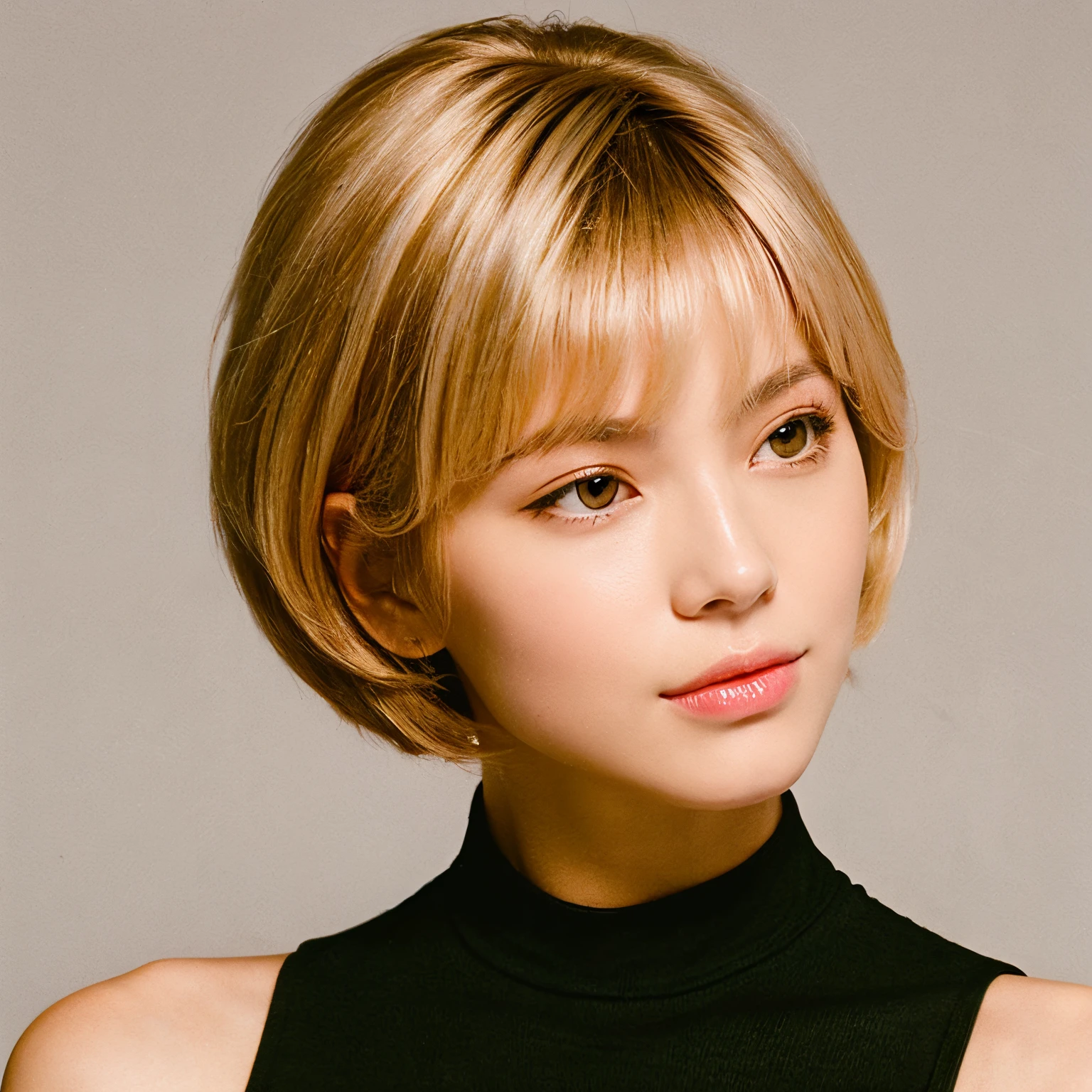 A woman with short beige hair, a single right eye, and a double line on the left eye, with a round outline.