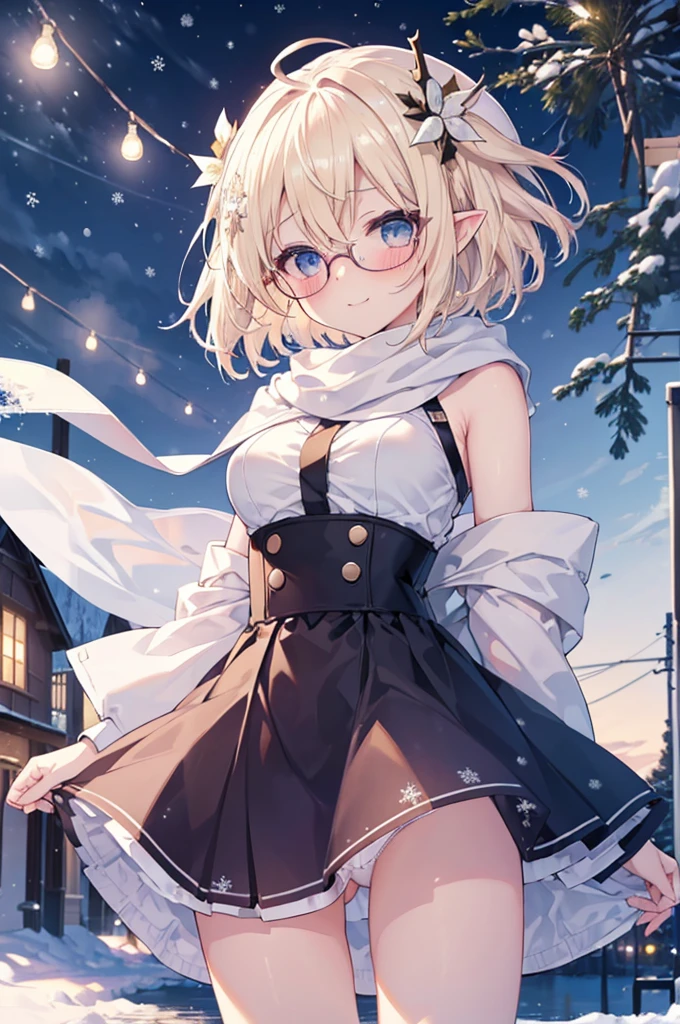 ultra detailed, best quality, high resolution, ((8k)), ((1girl)), pale skin, petite, (blonde hair), (very short hair), (ahoge:1.3), (glasses), pointy ears, (blush:1.3), blue eyes, medium breasts, happy smile, (christmas sexy costume), (chibi:1.3), (illumination:1.3), christmas night, ((snowy:1.5)), (windy:1.3), (christmas tree), ((contrappost)), ((panty shot)), white panty, one ribbon panty, ((powder light))