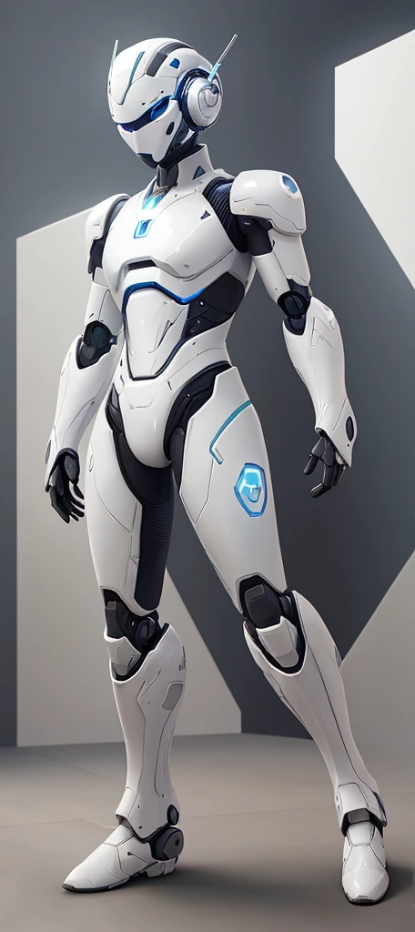 Close-up of a robot standing in a room with walls, in white futuristic armor, echo from overwatch, futuristic robot body, sci - fi suit, sci - fi details, science fiction suit, HEV Suit, neofuturistic highly detailed, energetic varia suit, cybersuit, glossy white armor, SCI - FI Characters, futuristic spacesuit, Modern clean white armor、Upper Body Up