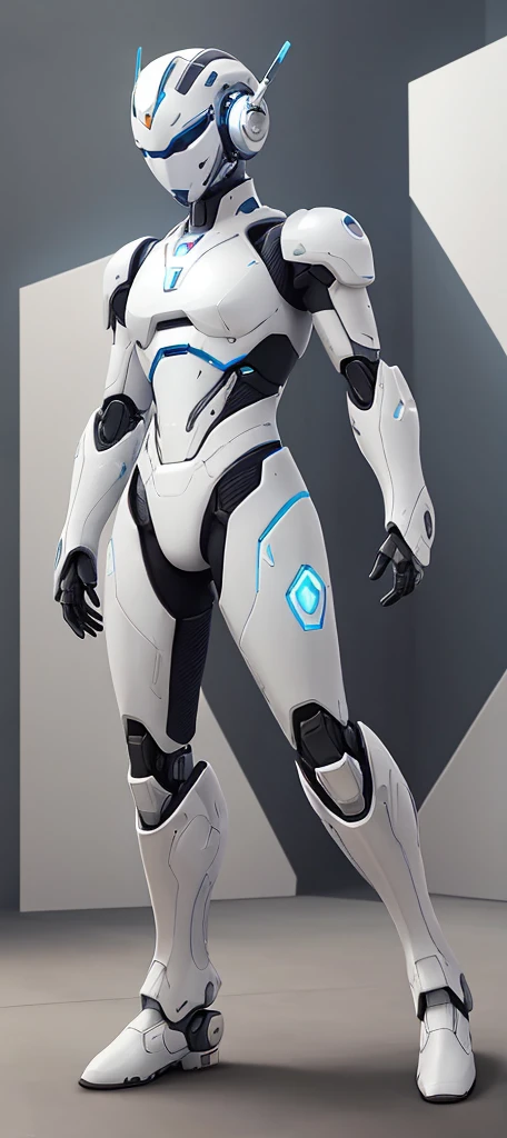 Close-up of a robot standing in a room with walls, in white futuristic armor, echo from overwatch, futuristic robot body, sci - fi suit, sci - fi details, science fiction suit, HEV Suit, neofuturistic highly detailed, energetic varia suit, cybersuit, glossy white armor, SCI - FI Characters, futuristic spacesuit, Modern clean white armor、Upper Body Up