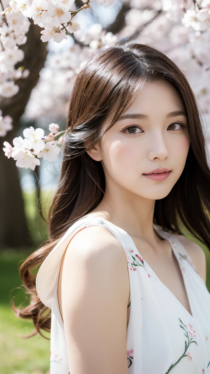 (A logo、masterpiece、8K、masutepiece、Raw photo、Fantastic、Best Quality、Photorealistic、extremely detailed CG unified 8k wallpaper、hightquality、ighly detailed、epic poem、Particle effect、Dynamic effects、depth of fields、Cinematic Light、Lens Flare、Ray tracing)、Fantasia、 (Beauty 1 person、White Japanese Clothing、Japanese dress、White cherry blossom pattern、White cherry blossom embroidery pattern、A dark-haired、Beautiful face、Real Face、Beautiful detail eyes、Beautiful skin)、Hair flutters in the wind、Hair jumps、Pink cherry blossom tree、Petals flutter、Sakura blizzard、Superb view、morning glow、Sun in the background、the wind、Deities、tusk、myth、Vast Land、