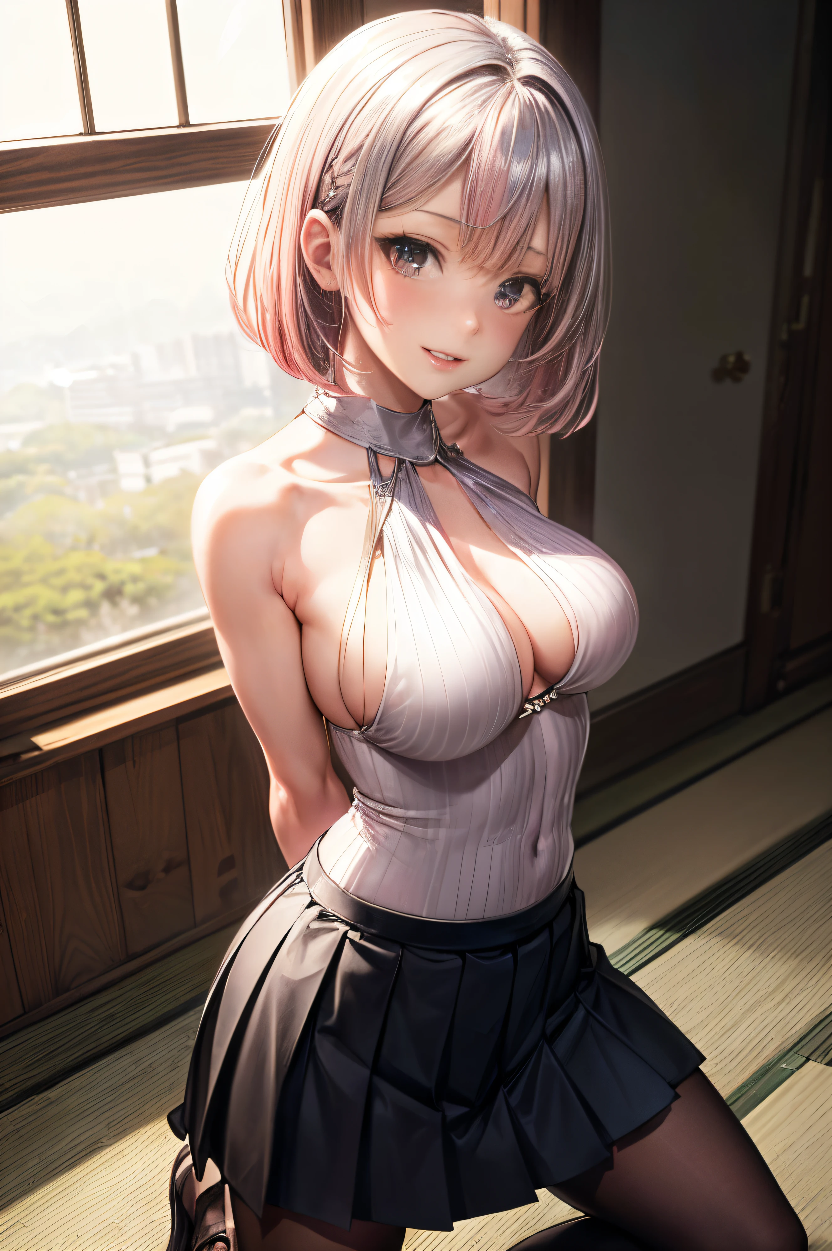 ((Anatomically correct hand:1.5)), Anime, Sexy, ((The costume is made of metal:1.5)), ((In Kyoto Animation Style:1.5)), super precision, masterpiece, very extremely beautiful, Princess Face, ((1人の女性)), ((Solo:1.5)), ((Pink hair:1.5)), ((BobKat 1.5)), BREAK, ((Black eyes)), short-cut, ((Straight hair)), BREAK, Full limbs,((complete fingers:1.5)), ((NSFW)), ((silver halter neck:1.5)), BREAK, ((Skindentation)), Professional Lighting, (25-years old), Narrow waist, Shiny skin Dark skin, ((Oiled skin)), glistning skin, Looking at Viewer, Cowboy Shot, ((Dynamic Pose:1.5)), is looking at the camera, inside in room, Sexy, A slight smil, Slightly open mouth, ((Cute)), ((Arms behind your back:1.5)), Ultra-fine eyes, Ultra-fine face, ((thin lips:1.5)), Sexy, ((drooping eyes)), A slight smil, Sexy, ((portlate:1.5)), faces, Sexy, Looking at the camera, Sexy, ((The costume is made of metal:1.5)), ((Squatting:1.5)), Sexy, ((kawaii faces:1.5)), large full breasts, shiny pantyhose, Dark background, ((Black pleated skirt:1.5)), frombelow,