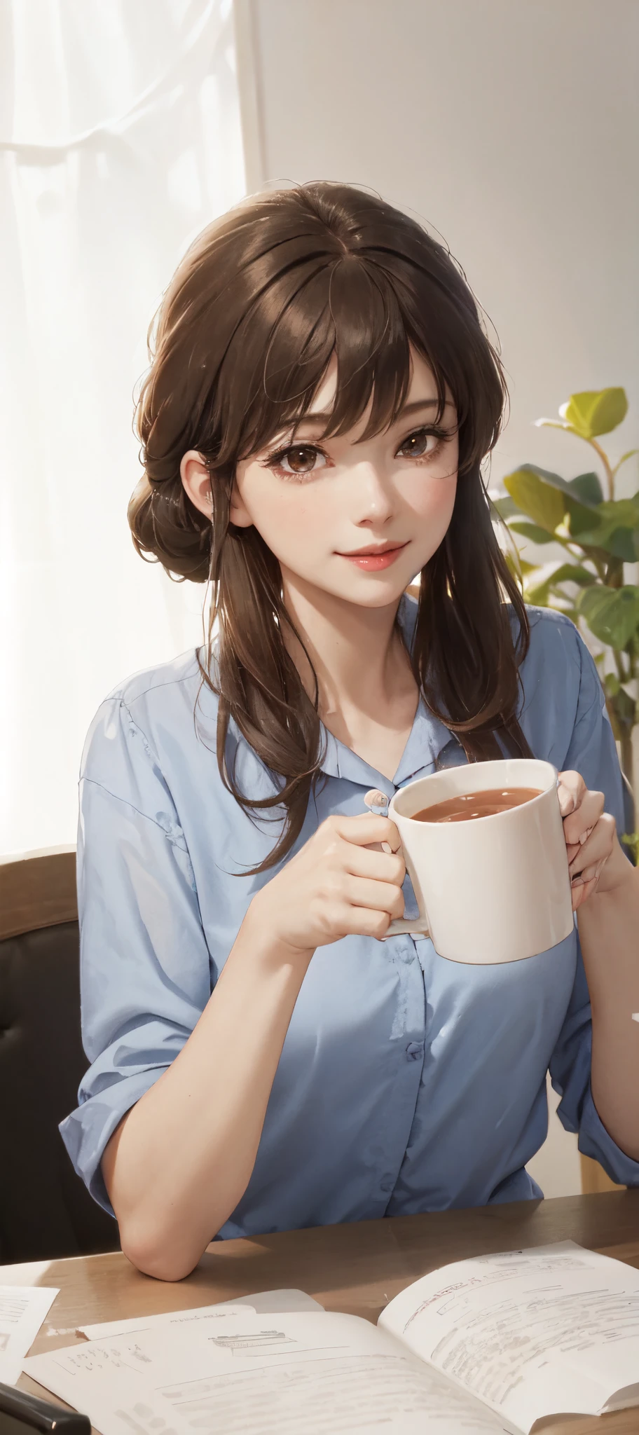 1lady sitting, holding a mug, office worker outfit, mature female, /(brown hair/) bangs, light smile, (masterpiece best quality:1.2) delicate illustration ultra-detailed BREAK /(modern office indoors/), night skyscraper