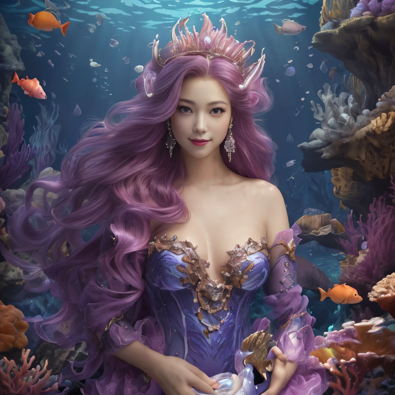 (top-quality、masutepiece、in 8K、Top image quality、super-fine、Award-Winning Works)、One Little Mermaid、The mermaid princess in the garrison of the deep sea、The most gorgeous and luxurious costume of a courtesan、Gorgeous pink and purple costume、The most intricate pink and purple scales、Ultra-detailed and complex scale shine、Accurate beautiful mermaid tail、(The background is the most luxurious garrison in the deep sea:1.3)、There are many beautiful fish swimming around the mermaid.、(accurate anatomy:1.2)、subtle sparkle on the water surface、mantic light、Light with mood、(A gorgeous garrison house underwater in the background:1.2)、The most dazzling and luxurious undersea garrison、View me、Biggest smile、Perfectly depict detailed and complex underwater scenes、Detailed depictions of many beautiful sea creatures