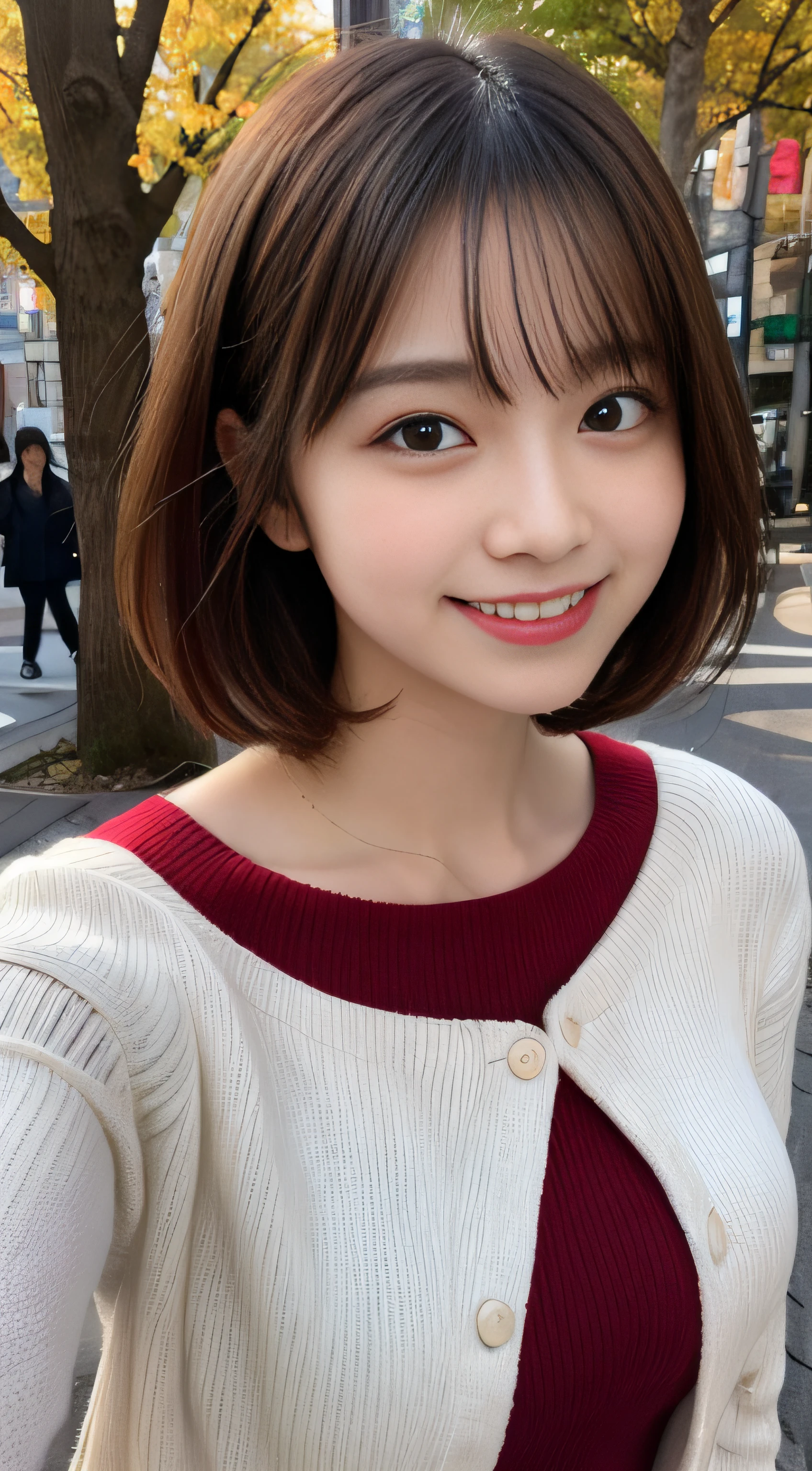 She looks happy when she sees this、Under the autumn sky、Red Sweater、masutepiece, Best Quality, Illustration, Ultra-detailed, finely detail, hight resolution, 8K Wallpaper, Perfect dynamic composition, Beautiful detailed eyes,Short bob hair,Small breasts natural color lip, Bold sexy poses,Smile,Shibuya、a 18 year old girl、Cute、Subject looking at sexy pose on camera