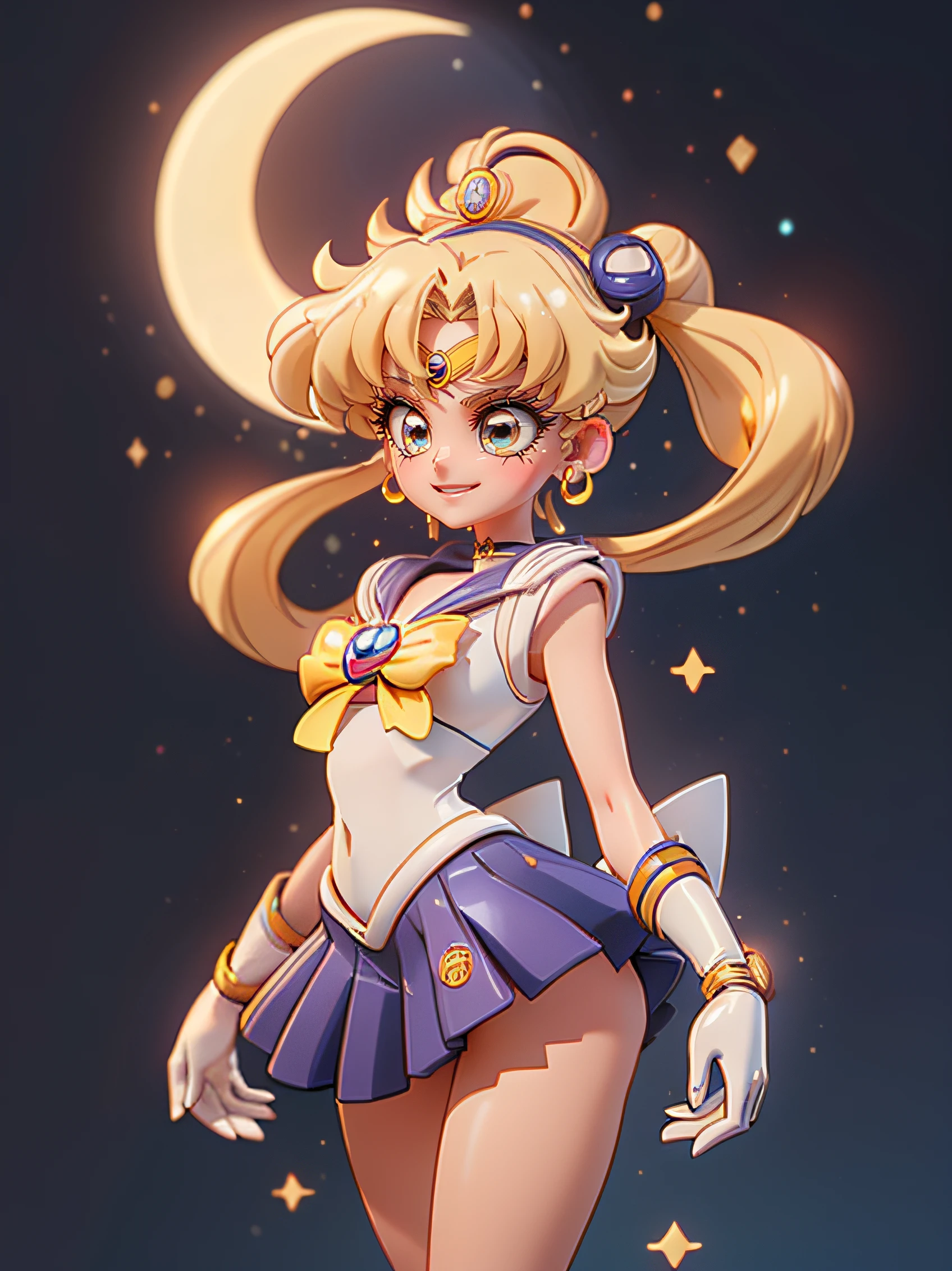 (SFW) masterpiece、ful:1.3、stands、8K、3D、realisitic、Ultra Micro Photography、top-quality、Wallpapers with extreme details CG Unity 8K、frombelow、intricate detailes、(1 female)、(Sailor Moon:1.6 Super Bishoujo Senshi Sailor Moon Mer1、meishaonv,tiarra、Sailor Senshi Uniform Sailor:1.5、sailormoon:1.5,eternal sailor moon)、(Incredibly long bright twin-tailed blonde:1.4、Thin and very long straight twin tail blonde, Hair buns、Red round hair ornament in a hair bun)、((Sailor Senshi Uniform、Blue collar,Blue sailor color,Blue pre-gate skirt:1.5、very large red bow on the chest,,,、Long white latex gloves,Red gloves on the elbows、Luxurious golden tiara on forehead、耳Nipple Ring,Luxurious Golden Jewelry、high leg swimsuit))、Very thin and fit high gloss white holographic leather、High Gloss White Latex High Leg Swimsuit That Shines Like Oil,(Details of face:1.5、Bright blue eyes、beautiful countenance、beautidful eyes、Outline of the iris, shinny eyes、thin and sharp pale eyebrows,、long dark eyelashes、Double eyelashes、tall and large breasts、perfectly proportions、big breasts、SEXY Model Pose、Dynamic Poses,seducting smile、perfect hand:1.5、octan render、highly dramatic picture、(Lunar divinity,cosmic background、rays of moonlight、a moon、Dynamic backgrounds、exquisite lighting and shadow、dynamic ungle),Strong natural light、sunlights、Digital SLR、foco nítido: 1.0、Maximum clarity and sharpness、skirt