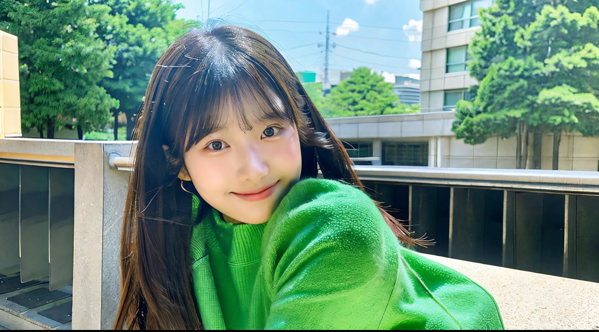 Cute female college student, 18 years old, wearing a green miniskirt