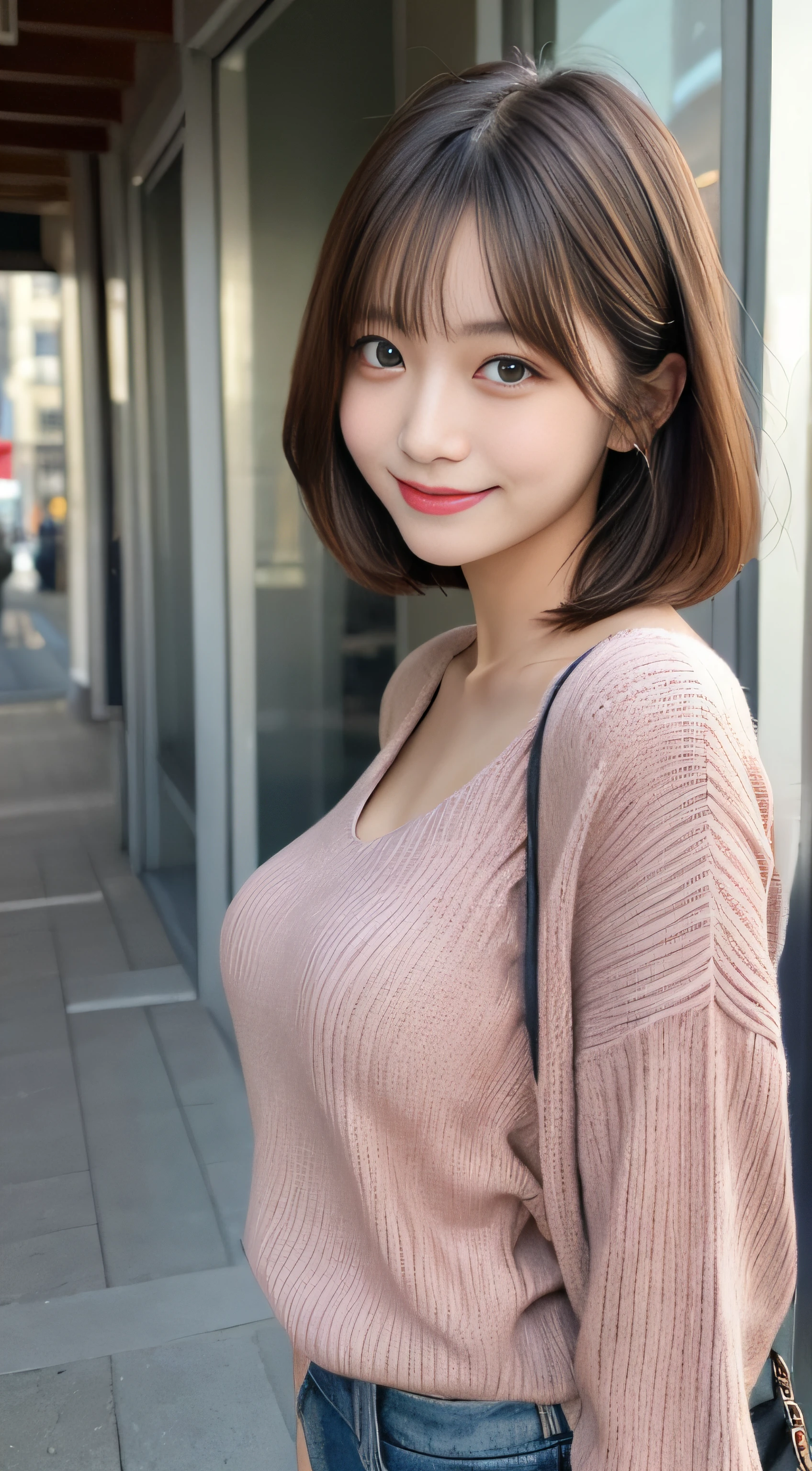 She looks happy when she sees this、Under the autumn sky、Red Sweater、masutepiece, Best Quality, Illustration, Ultra-detailed, finely detail, hight resolution, 8K Wallpaper, Perfect dynamic composition, Beautiful detailed eyes,Short bob hair,Small breasts natural color lip, Bold sexy poses,Smile,Shibuya、a 18 year old girl、Cute、Subject looking at sexy pose on camera