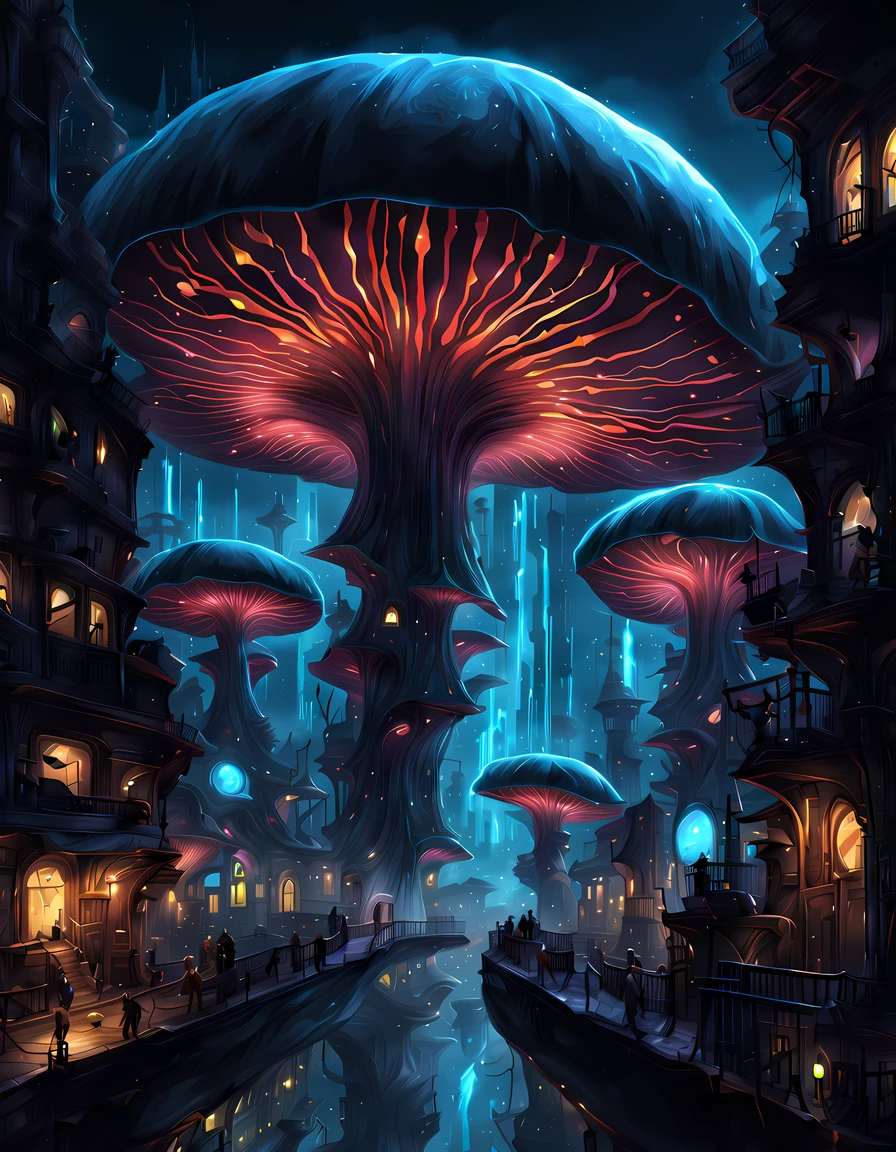 (epic digital drawing:1.3), design a captivating ((giant futuristic city shaped as a bioluminescent mushroom))) with details such as stem cap and gills, ((outstretched)), emits an eternal glow, illuminating the surrounding area with a mesmerizing light, ((giant popping creepy eyes)), a sense of celestial magic and wonder, ((breathtaking cosmic backdrop)), ((Bloodborne vibes)), More Detail