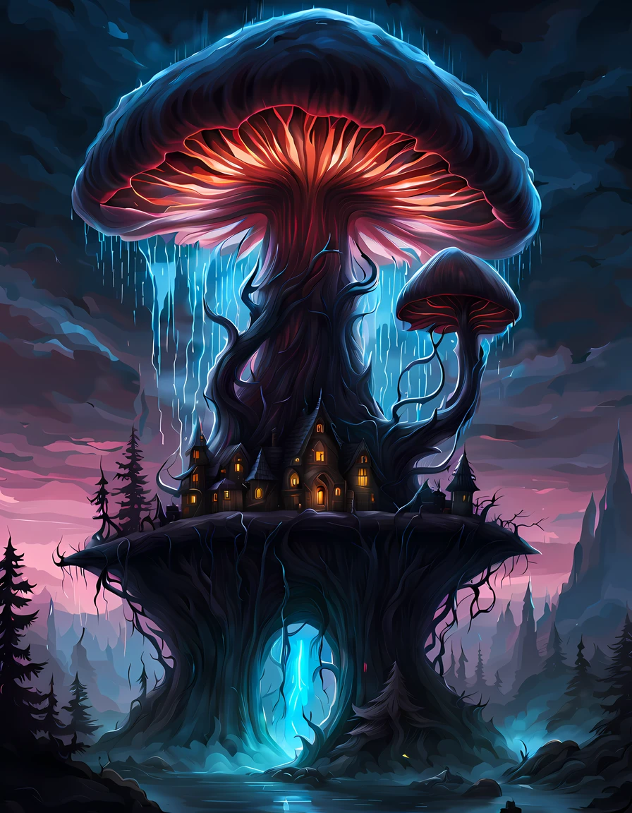 (epic digital drawing:1.3), design a captivating ((giant monster shaped as a bioluminescent mushroom))) with details such as stem cap and gills, ((outstretched arms)), gothic city, the monster emits an eternal glow, illuminating the surrounding area with a mesmerizing light, ((giant popping creepy eyes)), a sense of celestial magic and wonder, ((breathtaking cosmic backdrop)), ((Bloodborne vibes)), More Detail