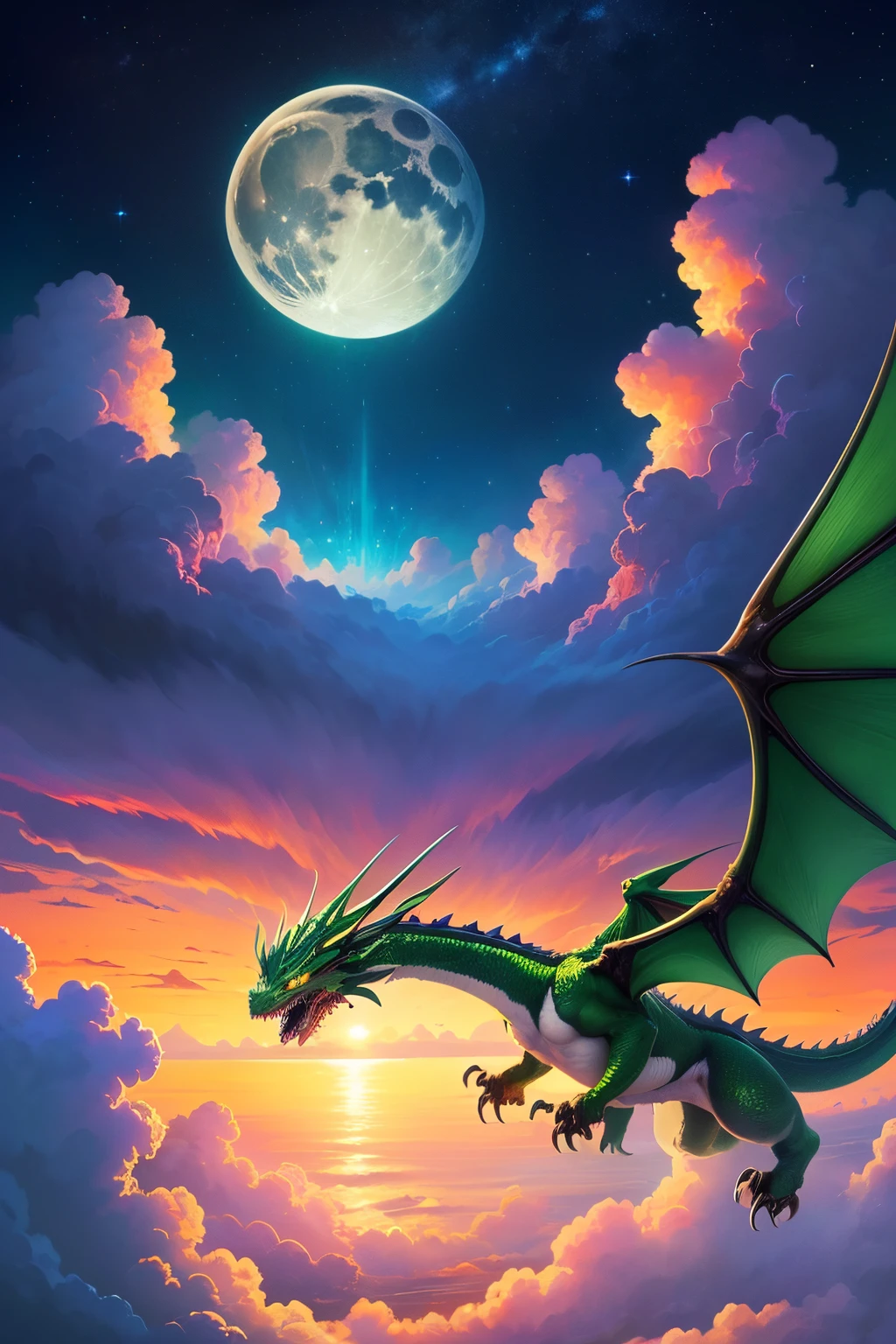 green dragon flying to the cloud at night with moon shine anime art style