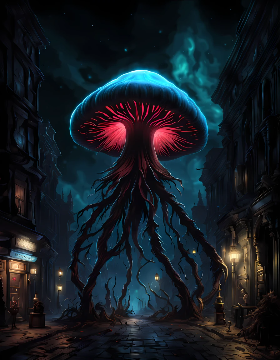 (professional 3D), design a captivating ((giant monster shaped as a bioluminescent mushroom))) with details such as stem cap and gills, gothic city, the monster emits an eternal glow, illuminating the surrounding area with a mesmerizing light, ((giant popping creepy eyes)),a sense of magic and wonder, ((cosmic backdrop)), ((Bloodborne vibes)), More Detail