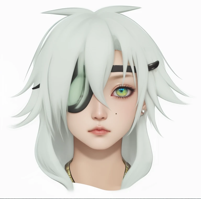 Haselnussbraune Augen, Augenfalte am rechten Auge, Junge, tan skin, Indonesisch, Piercings an der Augenbraue und am Hals, greenish-white hair