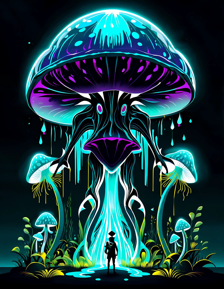 (professional 3D), design a captivating ((giant monster shaped as a bioluminescent mushroom))) with details such as stem cap and gills, metropolis, the monster emits an eternal glow, illuminating the surrounding area with a mesmerizing light, (giant popping creepy eyes),a sense of magic and wonder, ((cosmic backdrop)), More Detail