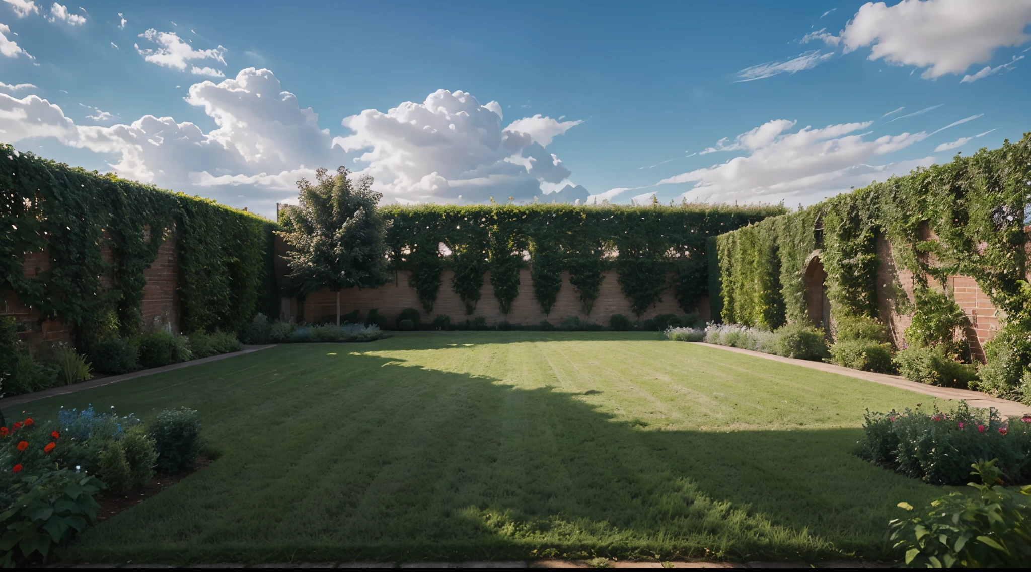 make a large and far garden landscape , with a short brick wall at background, somme trees and a beautifull blue sky with somme clouds