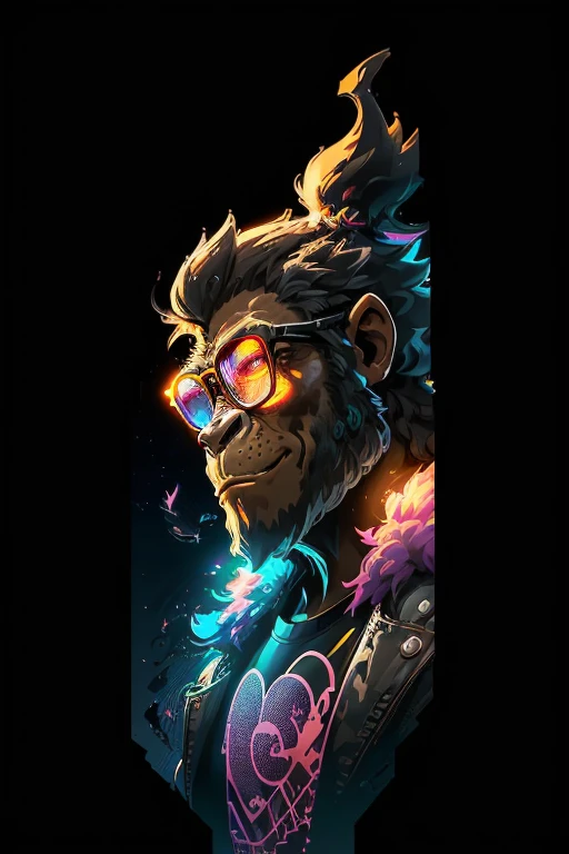 A full body illustration ofa nerd gorilla King Kong wearing glasses, smiling face, sunset design, futuristic setting, 3D vector art, cute and quirky, bright bold colorful., black background, watercolor effect, , digital painting, low-poly, soft lighting, bird's-eye view, isometric style, retro aesthetic, focused on the character, 4K resolution, photorealistic rendering, using Cinema 4D,front side