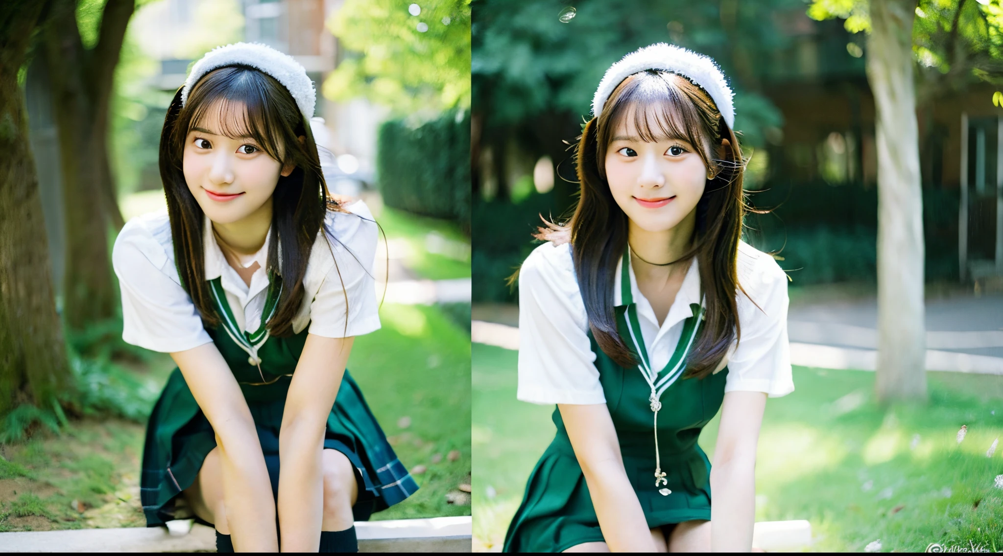 Cute high school girl, 18 years old, wearing a green miniskirt