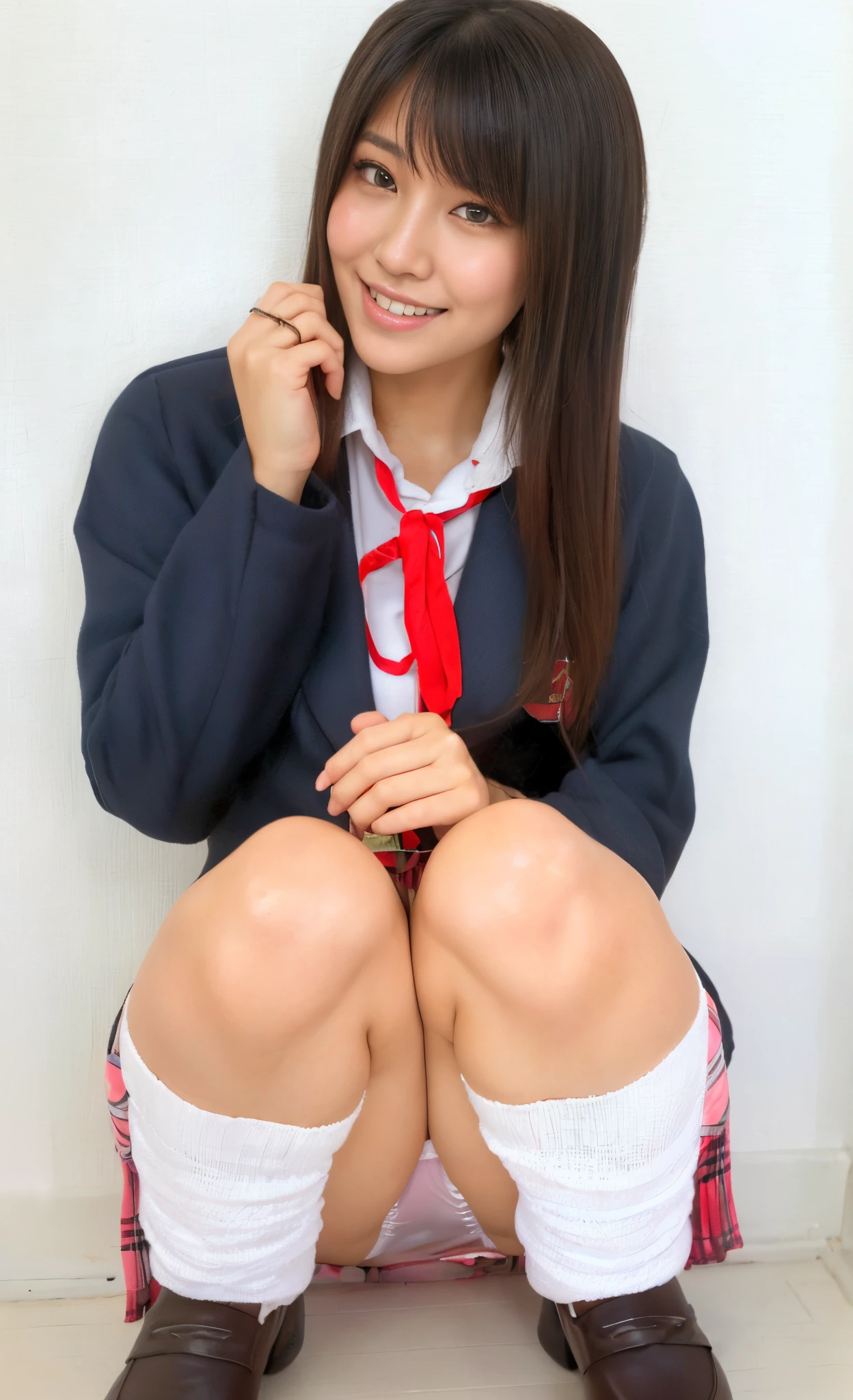(big smile:1.3),(happy smile:1.3),(Extremely beautiful face, Beautiful lips, Beautiful eyes),(sexy panties:1.3),(realistic silk panties:1.3),(white panties:1.2),(Looking directly at Viewer:1.3),(Big eyes:1.2),(double eyelies:1.3),(long eyelashes:1.2),32K,pink checked skirt, Japanese school uniform, brown loafers, loose socks,(beautiful teeth:1.1), masterpiece, Raw photo, Best Quality, Photorealistic, Highly detailed CG Unity 32K wallpaper, intricate detailed face, ((Ultra detailed skin)) Super Idol, Clear eyes, thick thighs, drooping eyes