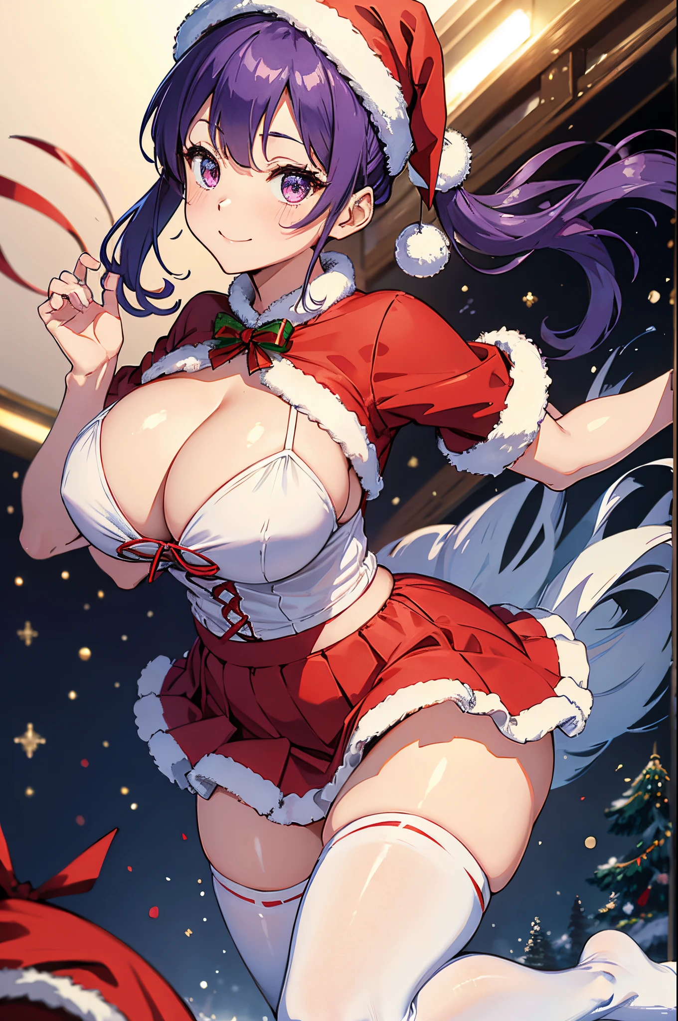 ８K、Best Quality、white Christmas、独奏、a beauty girl、delicated face、a smile、Long pigtails、Purple hair、Crimson eyes、cleavage of the breast、Colossal tits:1.8、big butts:5.5、big breasts thin waist、Beautiful constriction、shinny skin、Red and white Santa clothes、red and white tights、Santa's Hat、Santa's Skirt、